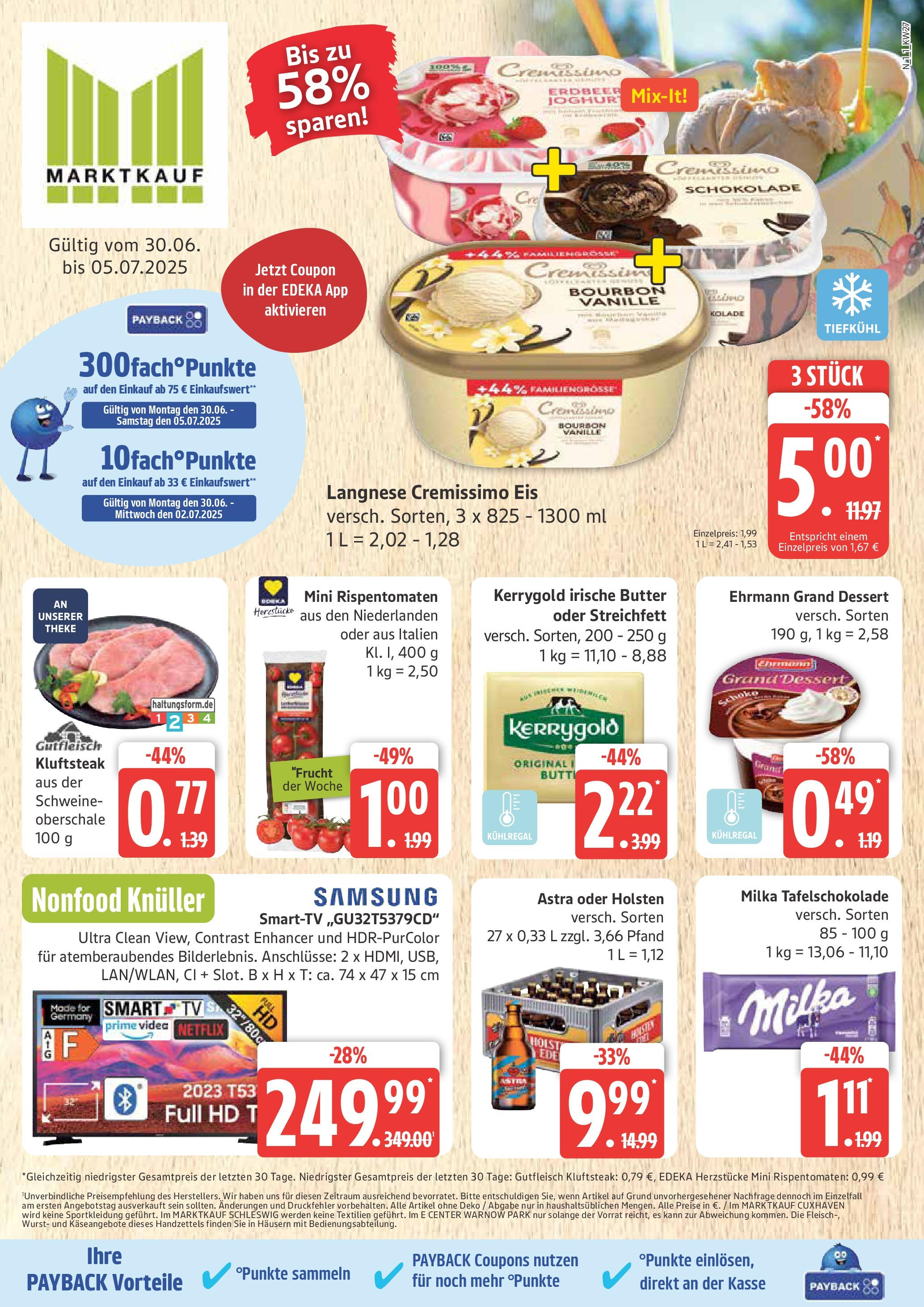 Marktkauf - Marktkauf: Wochenangebote (ab 30.06.2025) » Angebote online | Seite: 1 | Produkte: Langnese, Langnese cremissimo, Ehrmann grand dessert, Steak