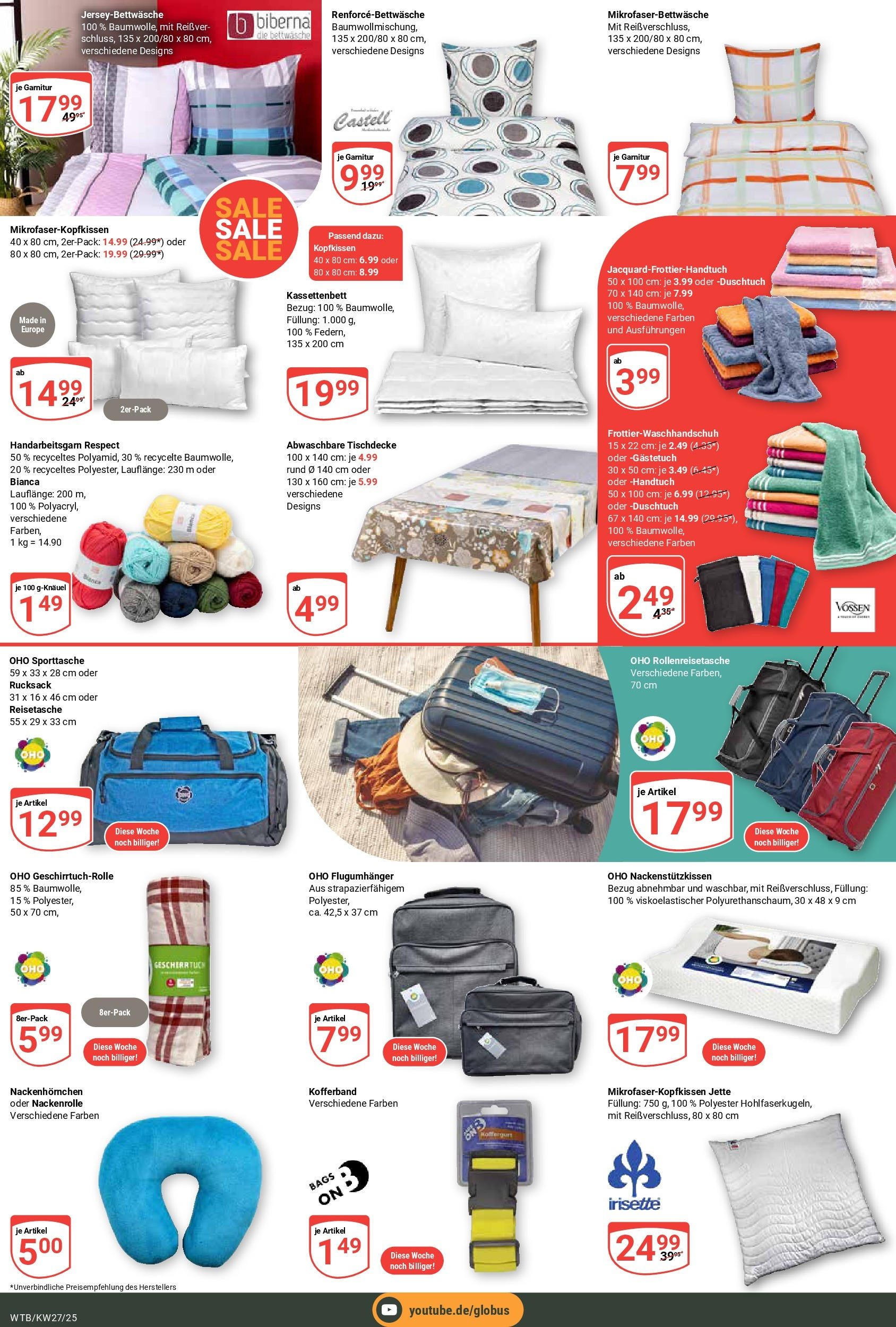 Globus prospekt Wächtersbach	 (ab 29.06.2025) » Angebote online | Seite: 25 | Produkte: Bettwäsche, Kopfkissen, Rucksack, Reisetasche