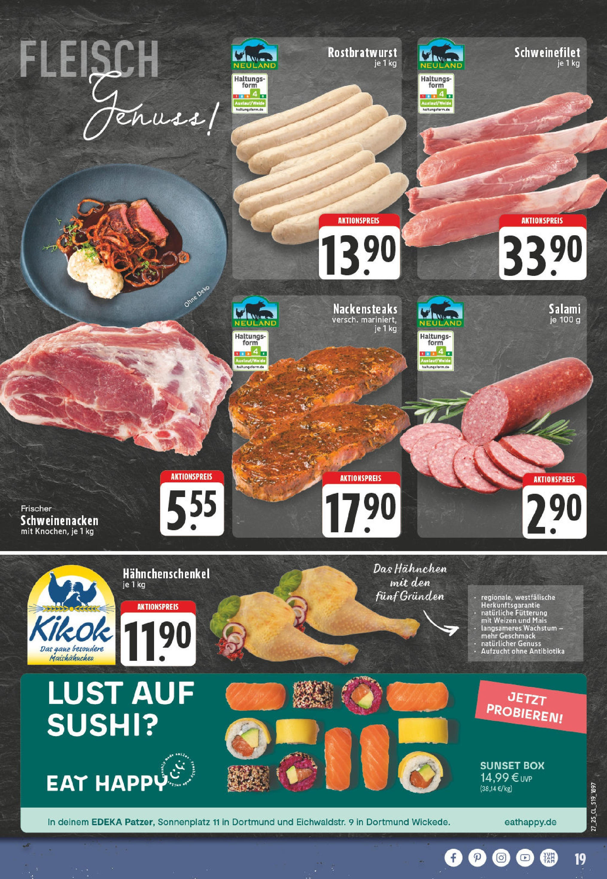 Edeka prospekt Dortmund - Wickede	 (ab 29.06.2025) » Angebote Online | Seite: 19 | Produkte: Hahnchen, Schweinefilet, Salami, Fleisch