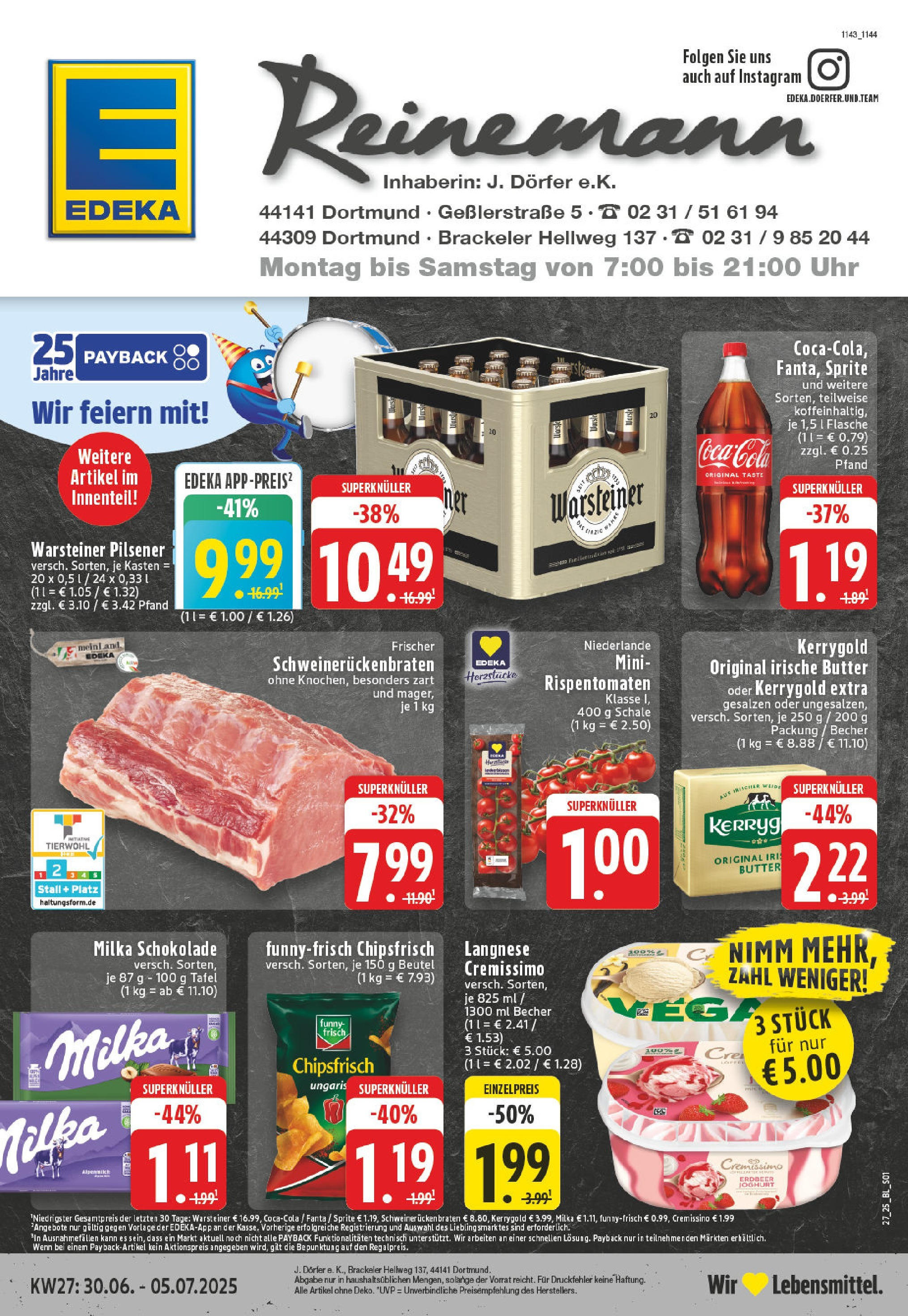 Edeka prospekt Dortmund-Brackel	 (ab 29.06.2025) » Angebote Online | Seite: 1 | Produkte: Langnese cremissimo, Coca cola, Cola, Milka schokolade