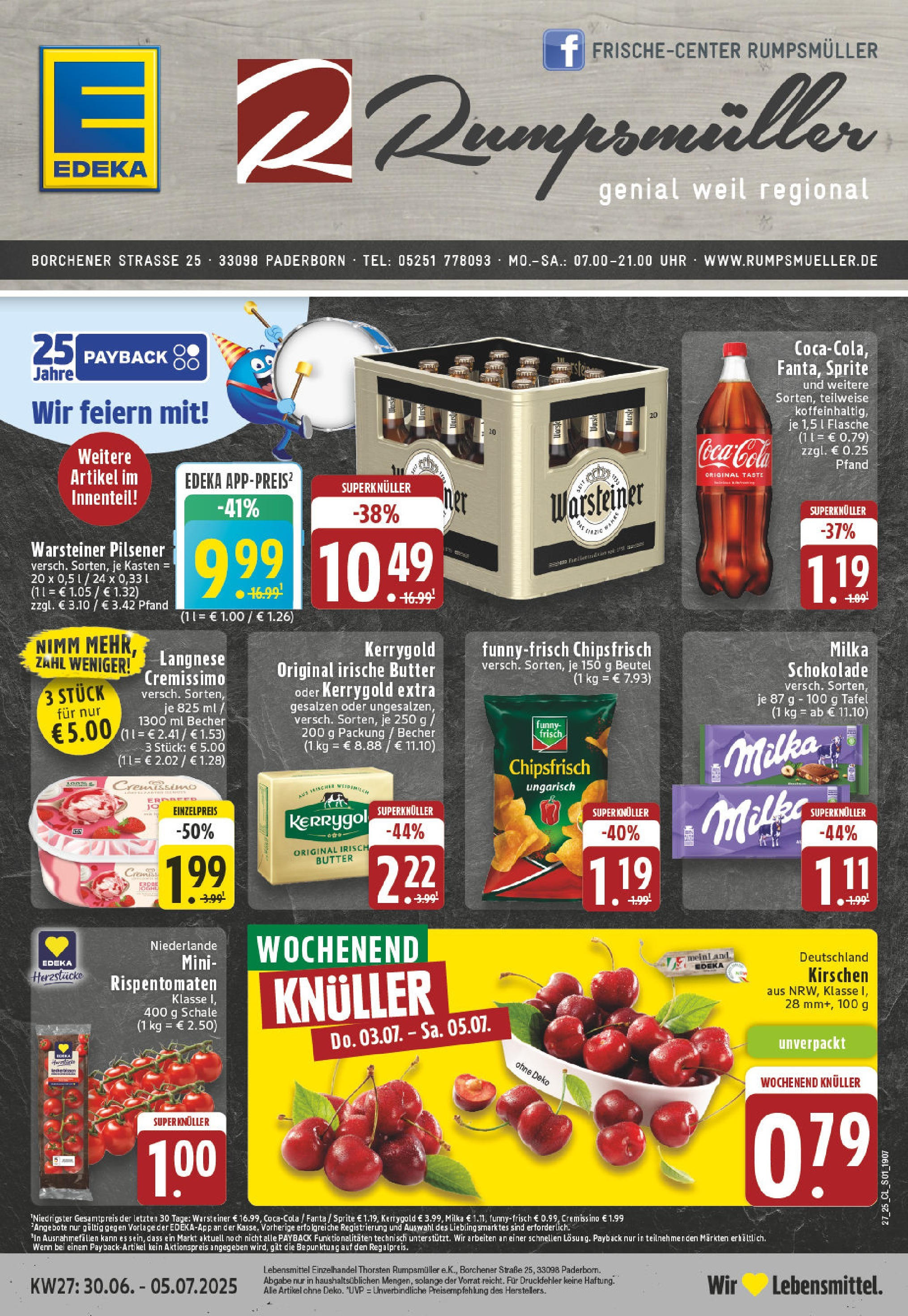 Edeka prospekt Paderborn	 (ab 29.06.2025) » Angebote Online | Seite: 1 | Produkte: Langnese cremissimo, Butter, Kirschen, Uhr