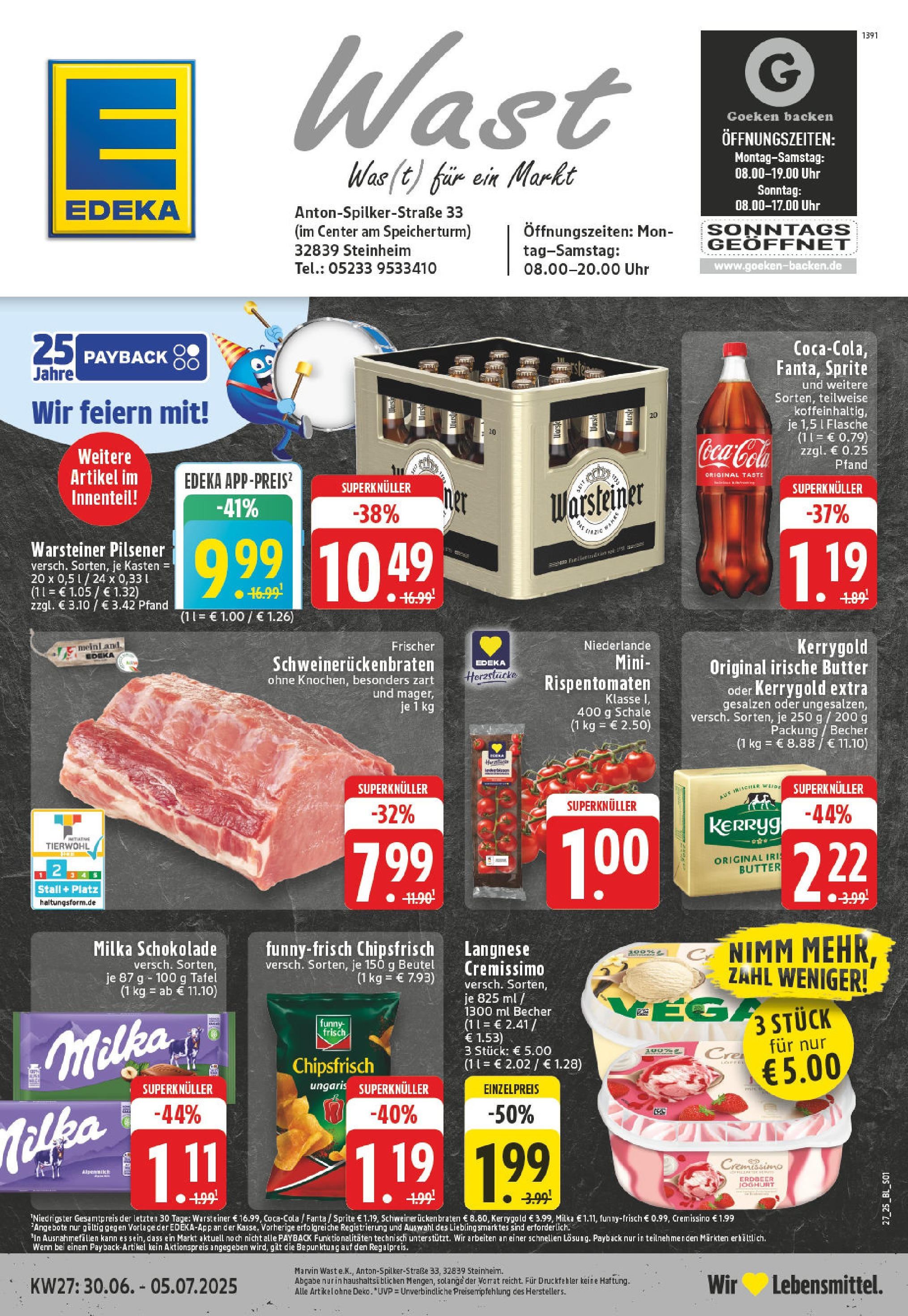 Edeka prospekt Steinheim	 (ab 29.06.2025) » Angebote Online | Seite: 1 | Produkte: Langnese cremissimo, Cremissimo, Chips, Uhr