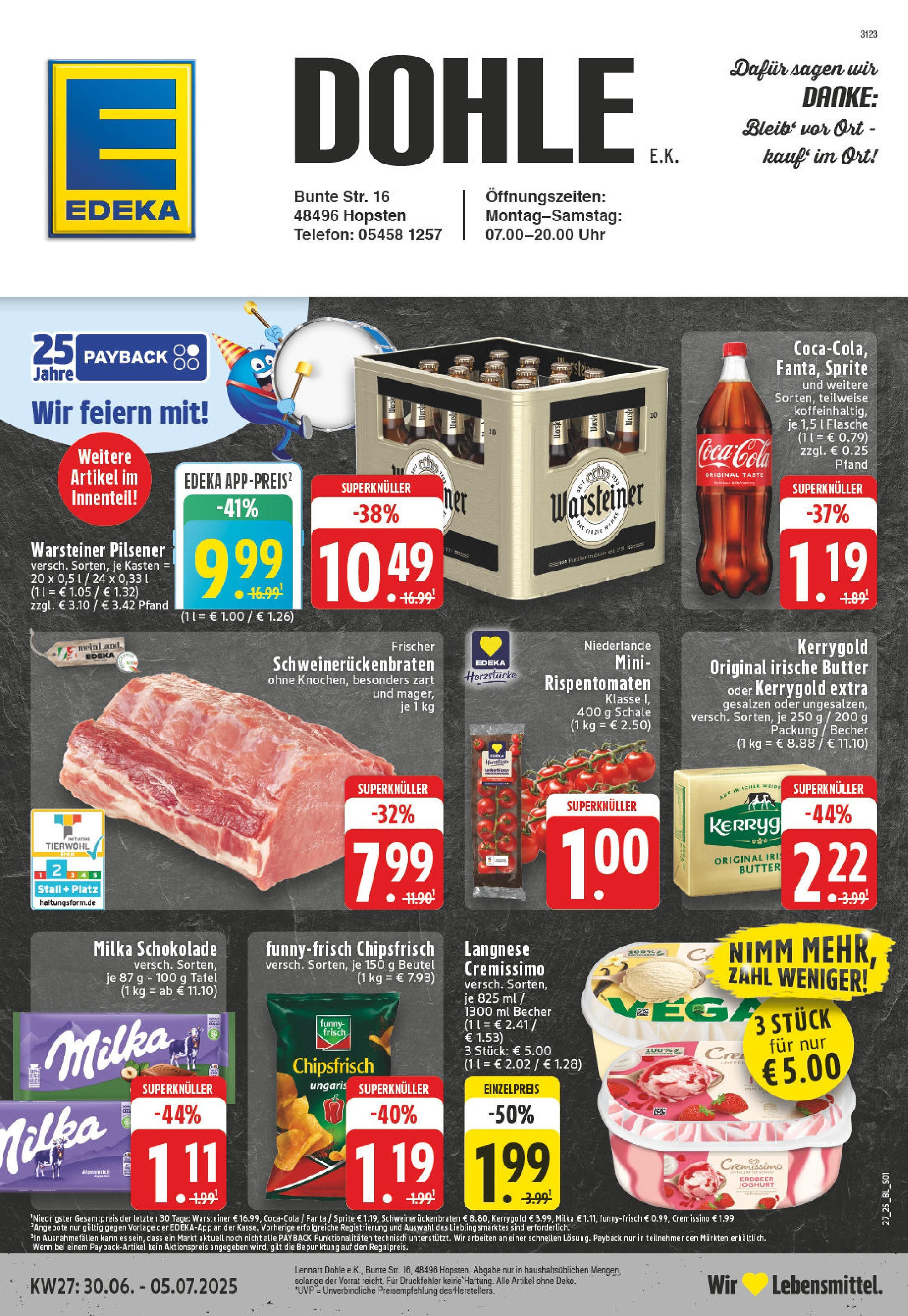 Edeka prospekt Hopsten	 (ab 29.06.2025) » Angebote Online | Seite: 1 | Produkte: Butter, Joghurt, Schweinerucken, Telefon