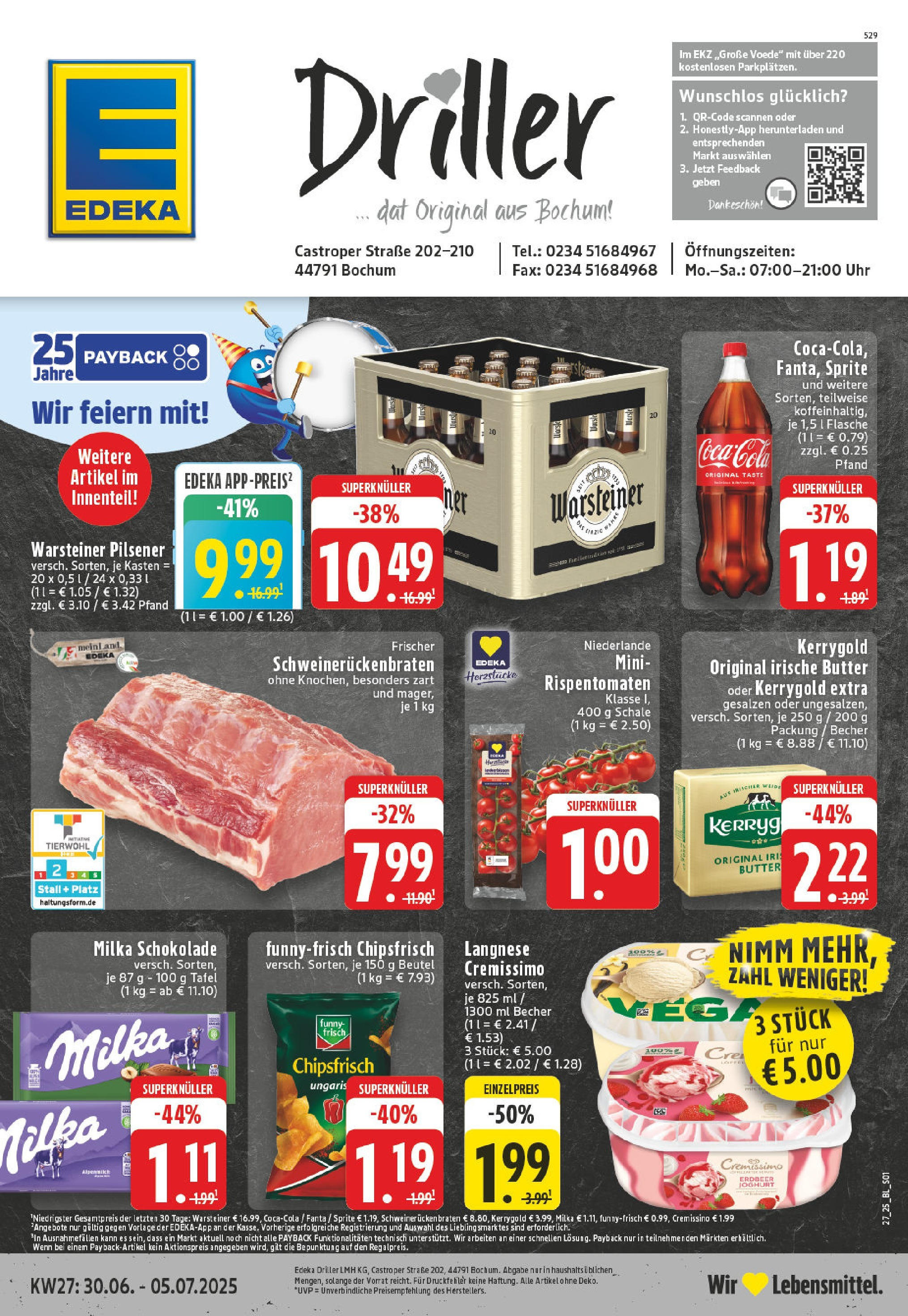 Edeka prospekt Bochum	 (ab 29.06.2025) » Angebote Online | Seite: 1 | Produkte: Langnese, Coca cola, Fanta, Schweinerucken