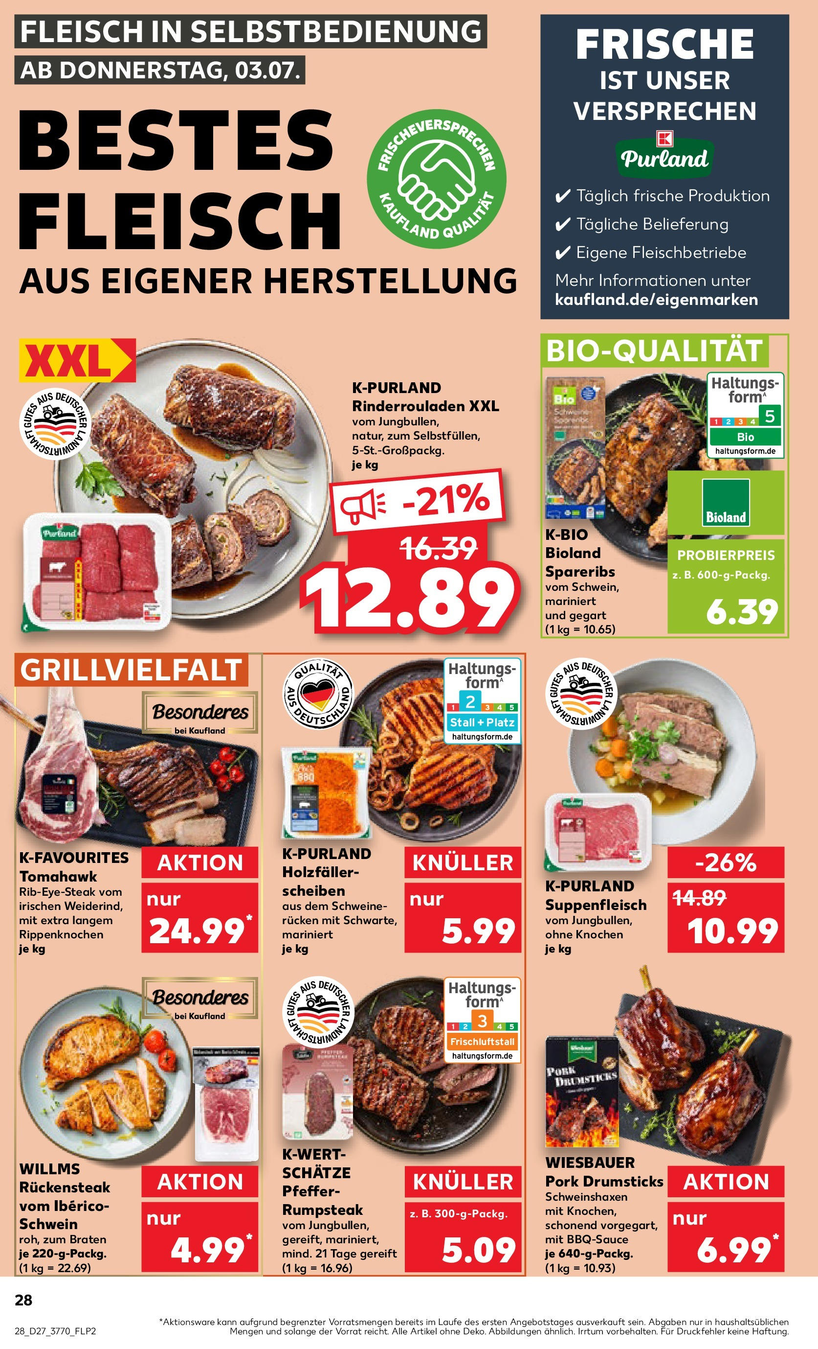 Prospekt Kaufland ab 03.07.2025 » Angebote Online zum Blättern | Seite: 28 | Produkte: Rinderrouladen, Pfeffer, Steak, Fleisch
