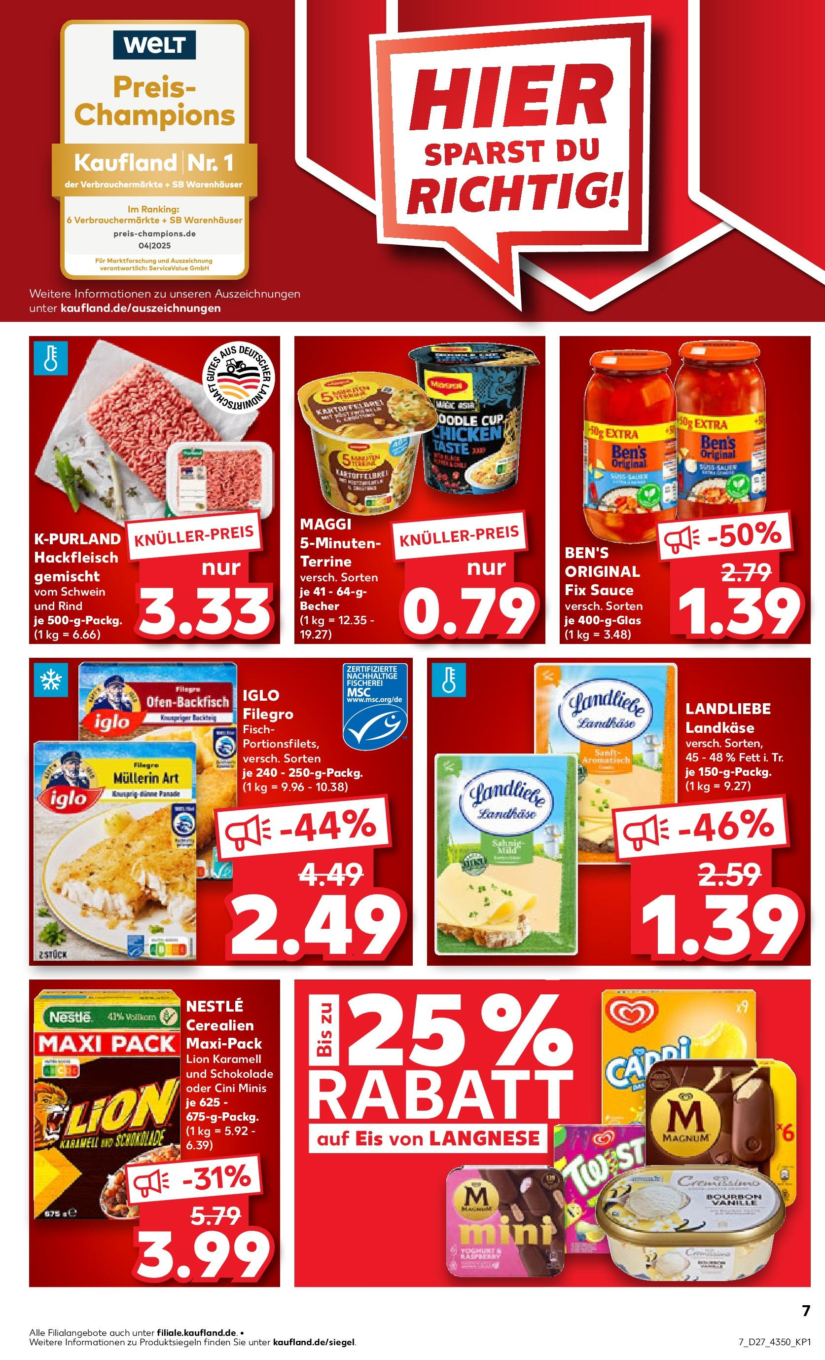 Prospekt Kaufland ab 03.07.2025 » Angebote Online zum Blättern | Seite: 7 | Produkte: Langnese, Schokolade, Fisch, Hackfleisch