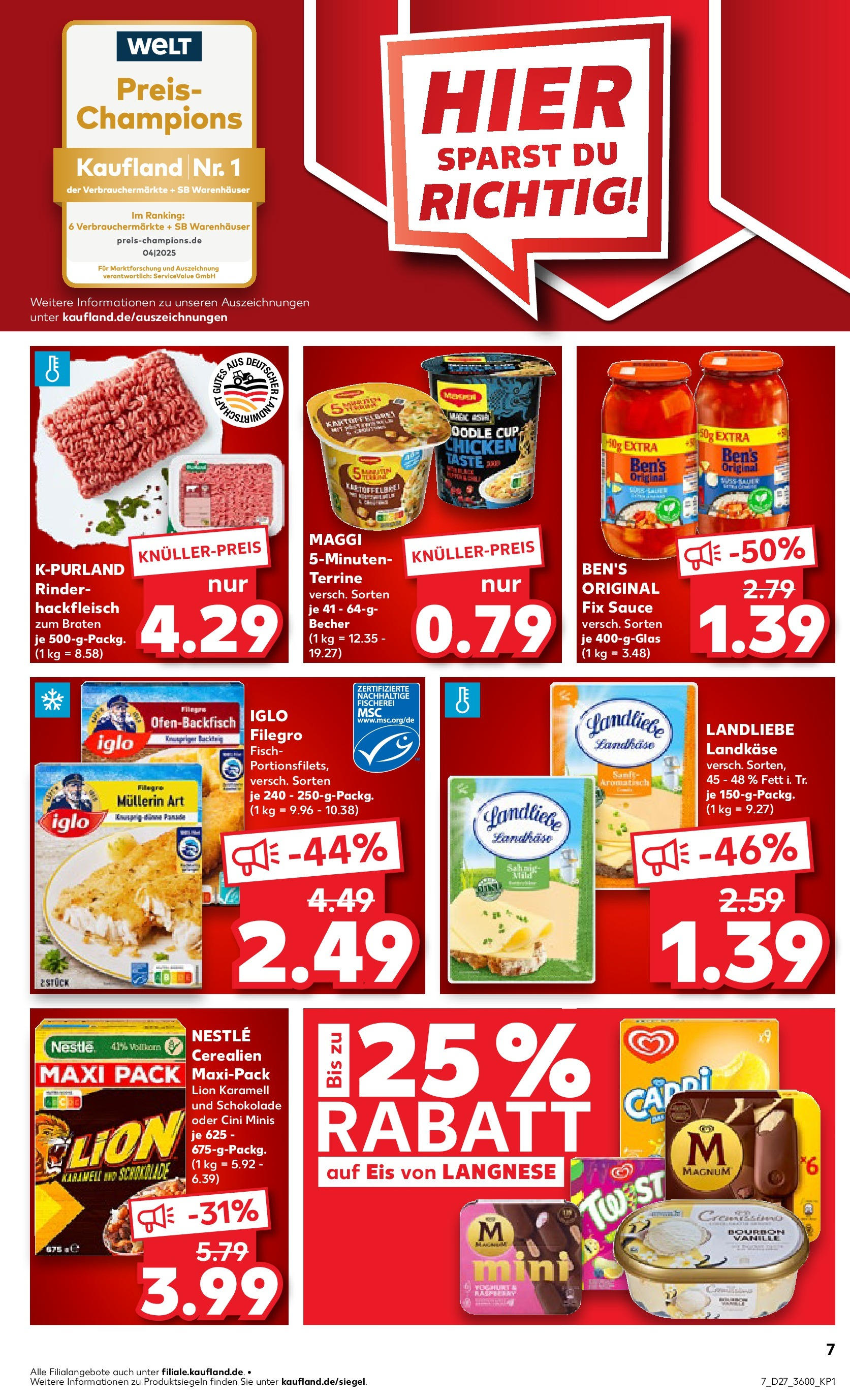 Prospekt Kaufland ab 03.07.2025 » Angebote Online zum Blättern | Seite: 7 | Produkte: Langnese, Schokolade, Fisch, Pasta