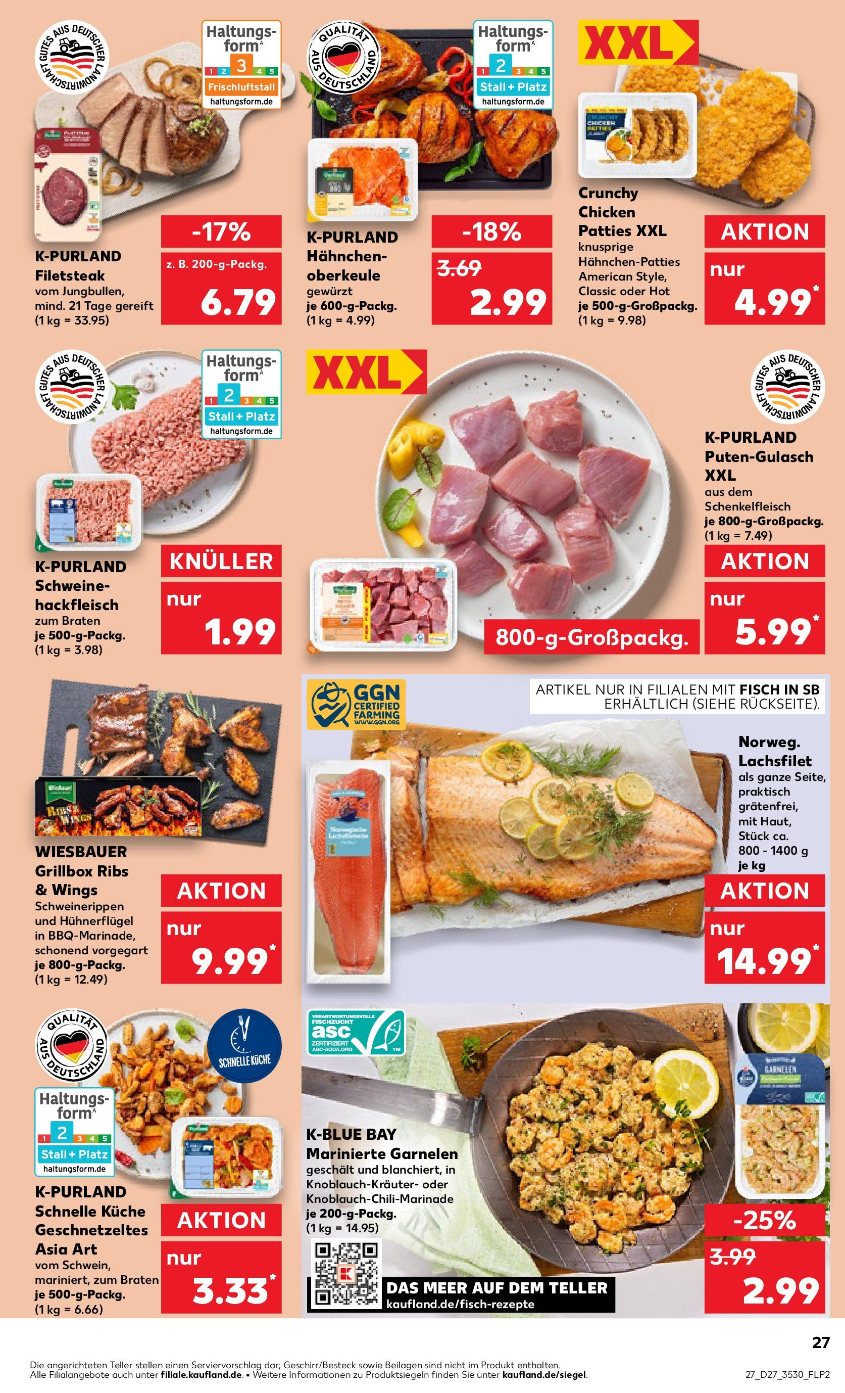 Prospekt Kaufland ab 03.07.2025 » Angebote Online zum Blättern | Seite: 27 | Produkte: Hahnchen, Küche, Garnelen, Steak