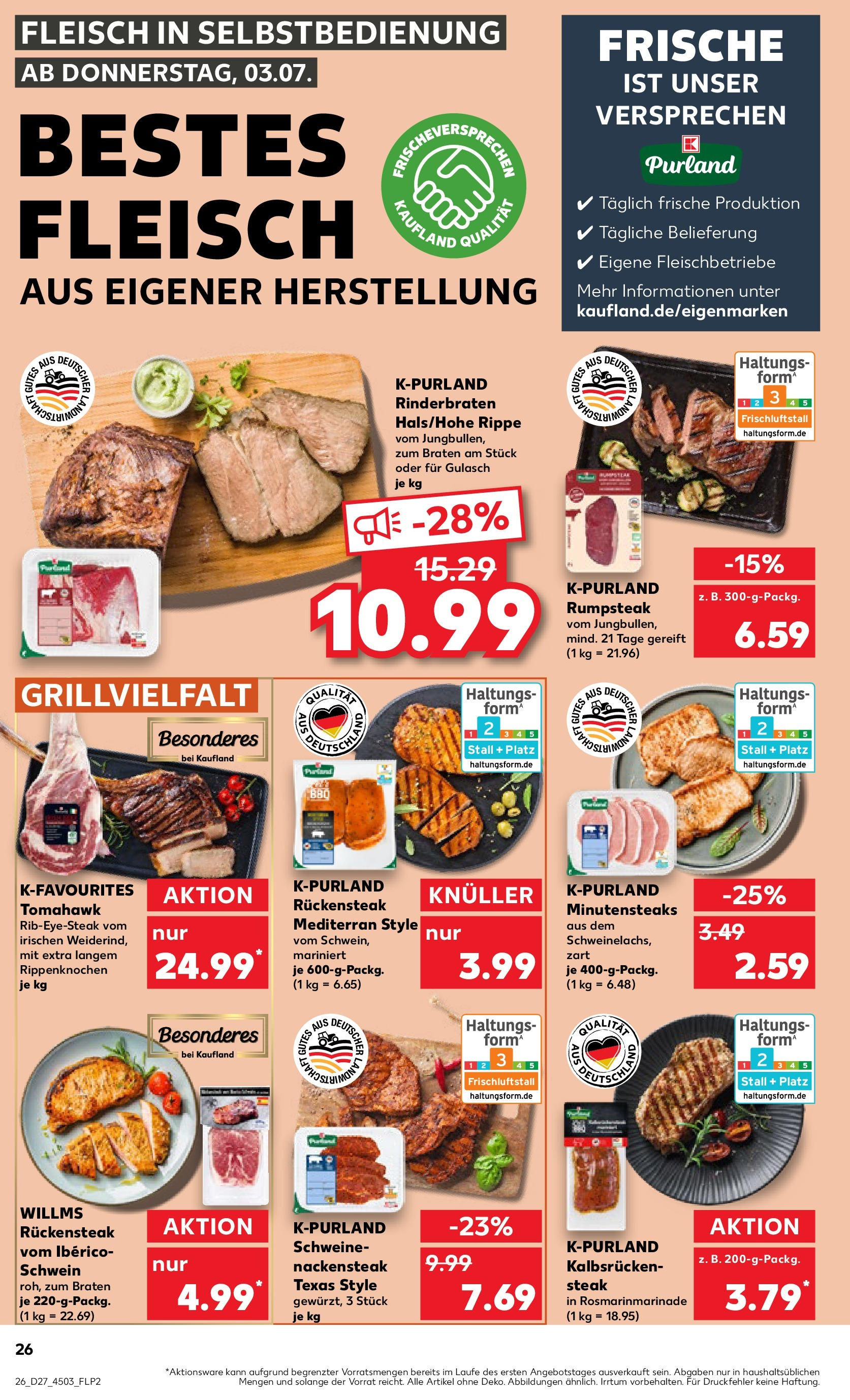 Prospekt Kaufland ab 03.07.2025 » Angebote und Werbung Online | Seite: 26 | Produkte: Rumpsteak, Gulasch, Steak, Fleisch Prospekt Kaufland ab 03.07.2025 » Angebote Online zum Blättern | Seite: 26 | Produkte: Rumpsteak, Gulasch, Steak, Fleisch