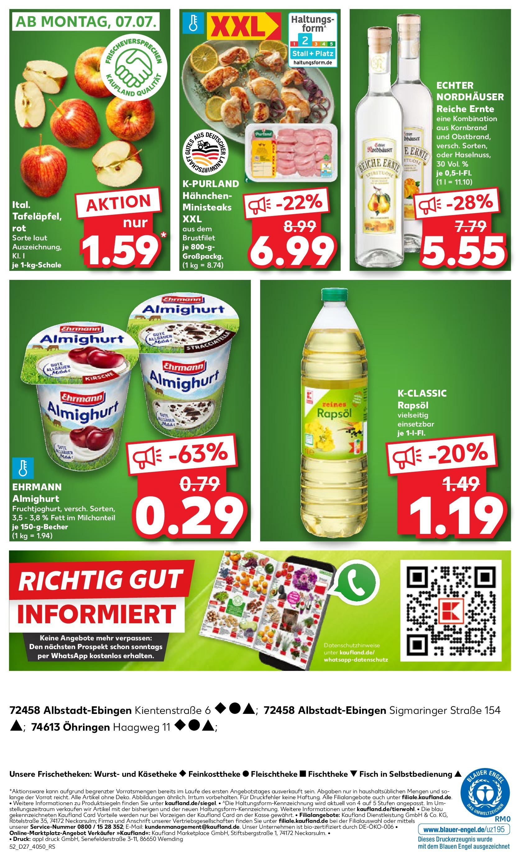Prospekt Kaufland ab 03.07.2025 » Angebote und Werbung Online | Seite: 52 | Produkte: Hahnchen, Ehrmann almighurt, Rapsöl, Wurst Prospekt Kaufland ab 03.07.2025 » Angebote Online zum Blättern | Seite: 52 | Produkte: Hahnchen, Ehrmann almighurt, Rapsöl, Wurst