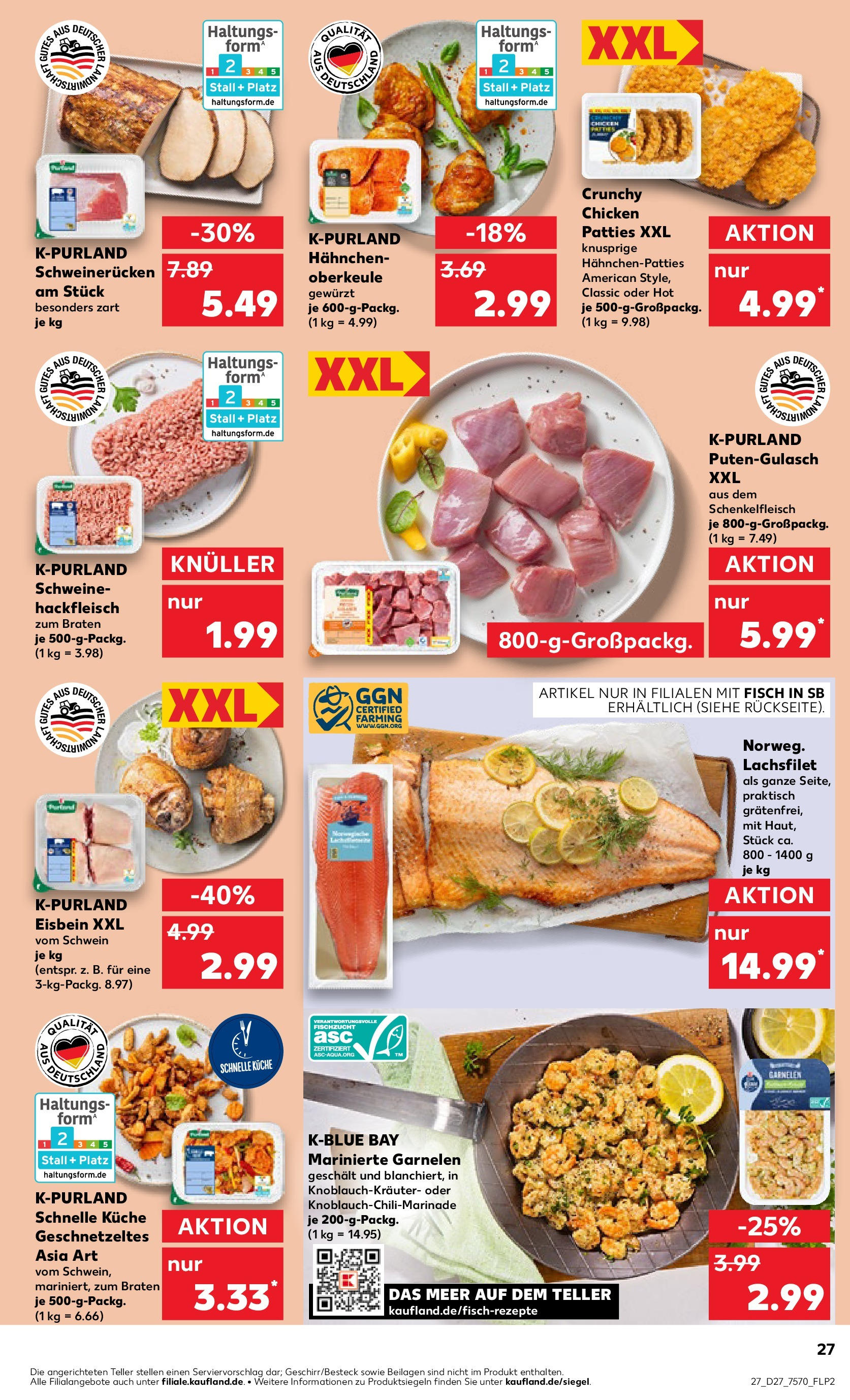 Prospekt Kaufland ab 03.07.2025 » Angebote Online zum Blättern | Seite: 27 | Produkte: Garnelen, Fisch, Schweinerucken, Hackfleisch