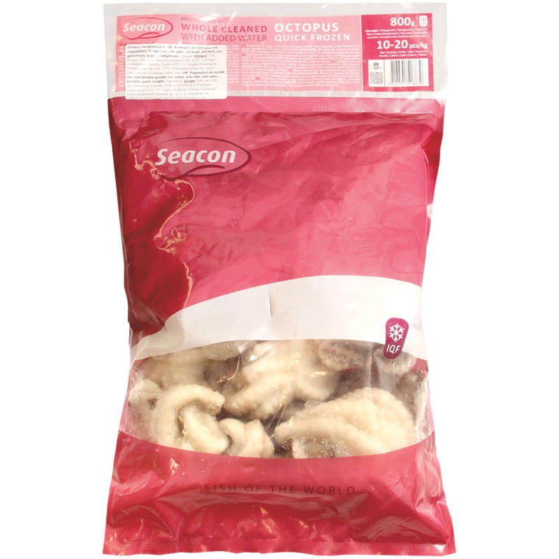 Erzeugnis aus Octopus mit zugesetztem Trinkwasser, roh, ganz, mit Kopf, mit Haut, ausgenommen, glasiert, tiefgefroren