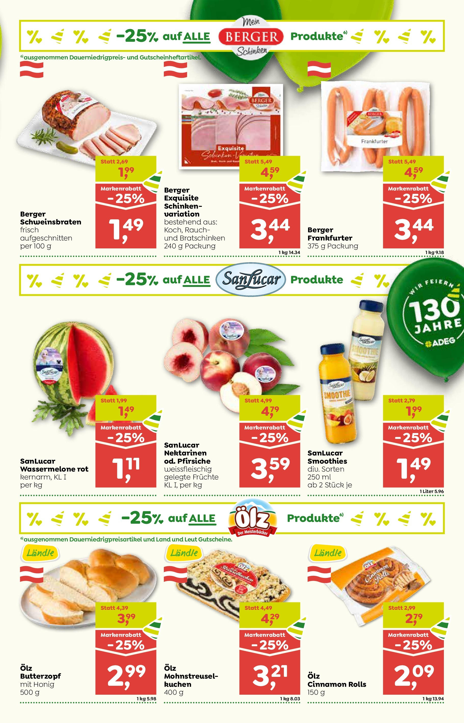 ADEG Sonntag, Laterns, Schoppernau von 03.07.2025 - Aktuelle Angebote | Seite: 3 | Produkte: Wassermelone, Schinken
