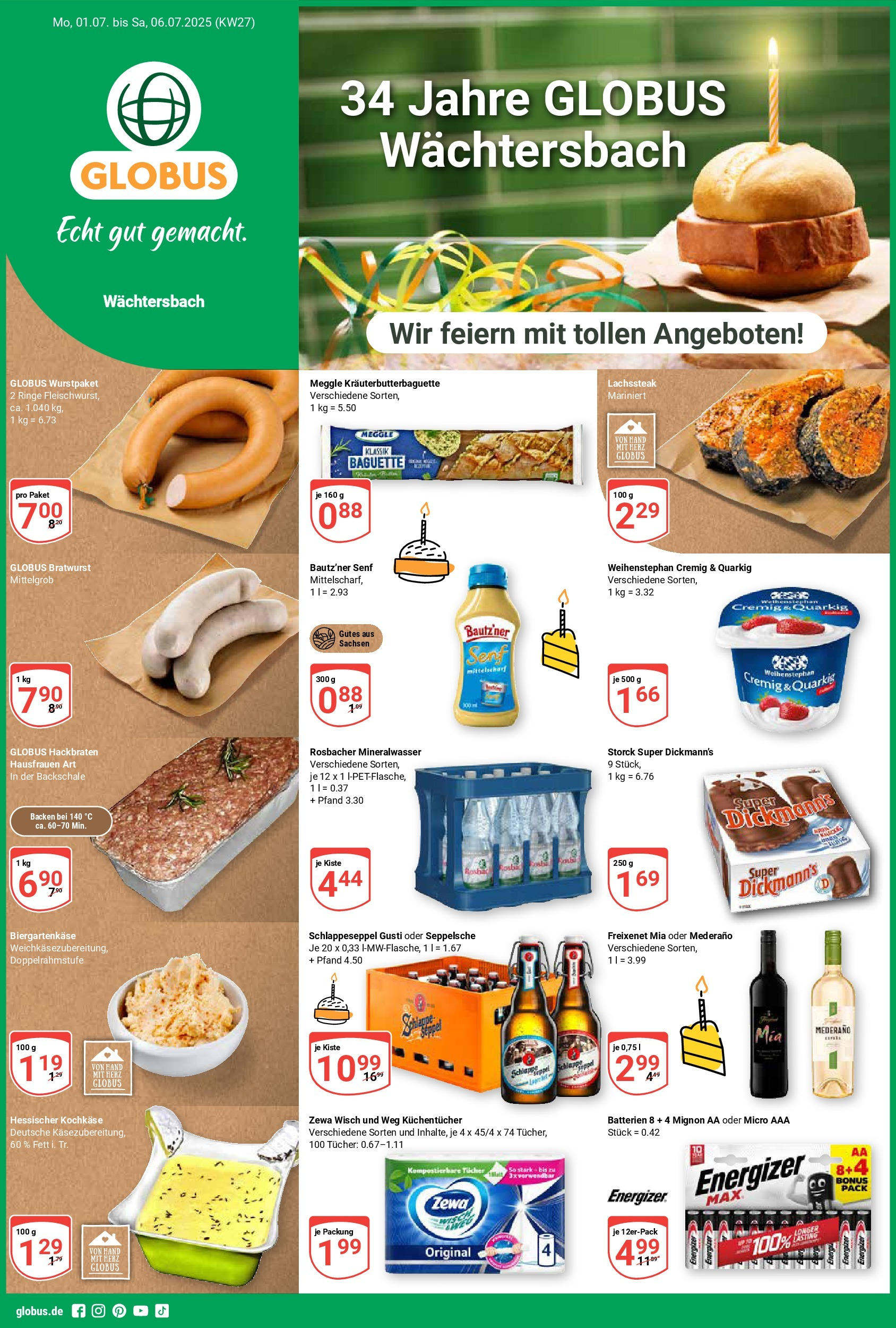 Globus prospekt Wächtersbach	 (ab 29.06.2025) » Angebote online | Seite: 5 | Produkte: Quark, Batterien, Baguette, Mineralwasser