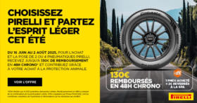 Pneus Pirelli en promo - Jusqu’à 130€ remboursés + un geste pour la SPA