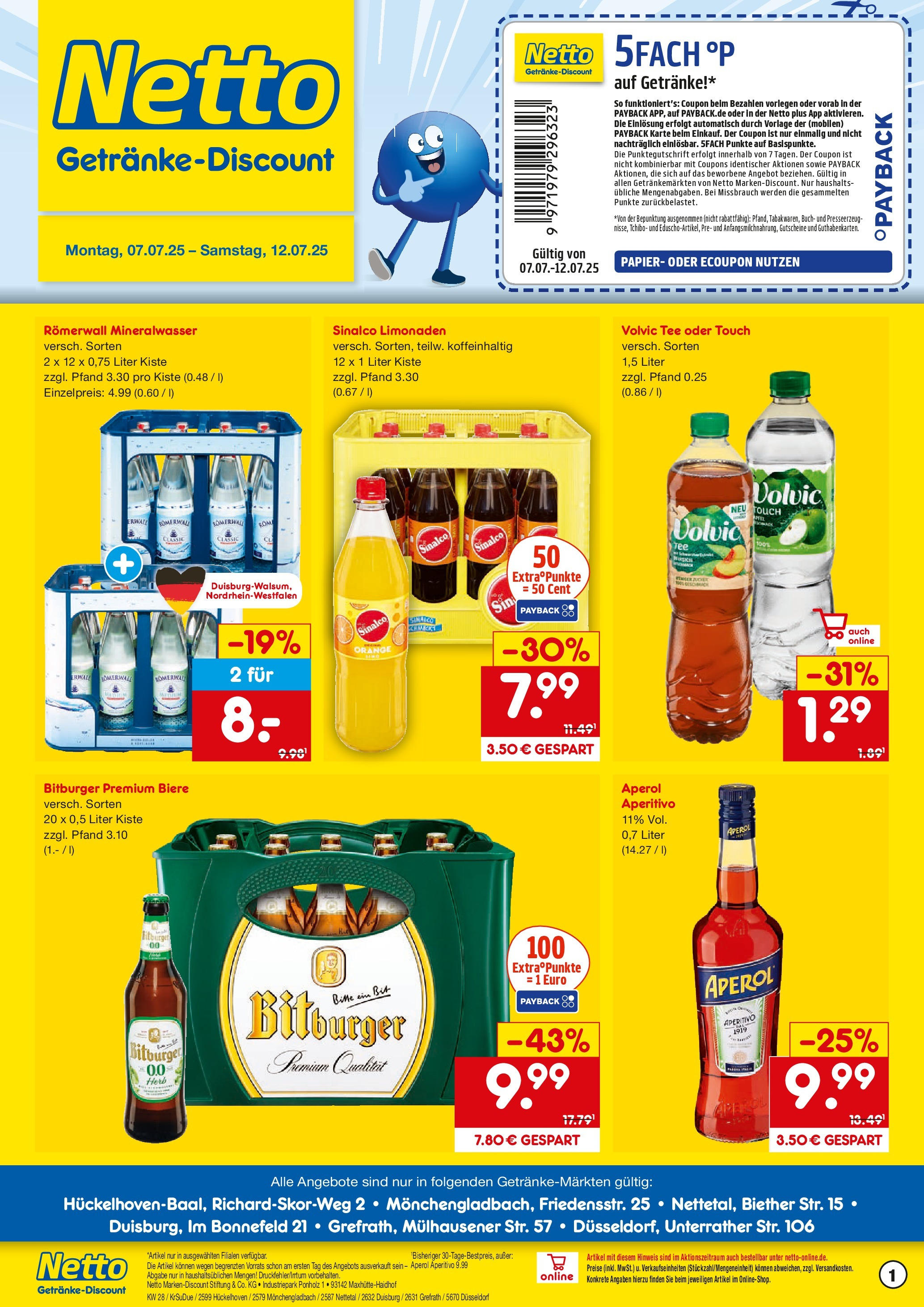 Netto Marken-Discount prospekt Duisburg	 (ab 07.07.2025) » Angebote | Seite: 1 | Produkte: Bitburger, Aperol, Tee, Volvic