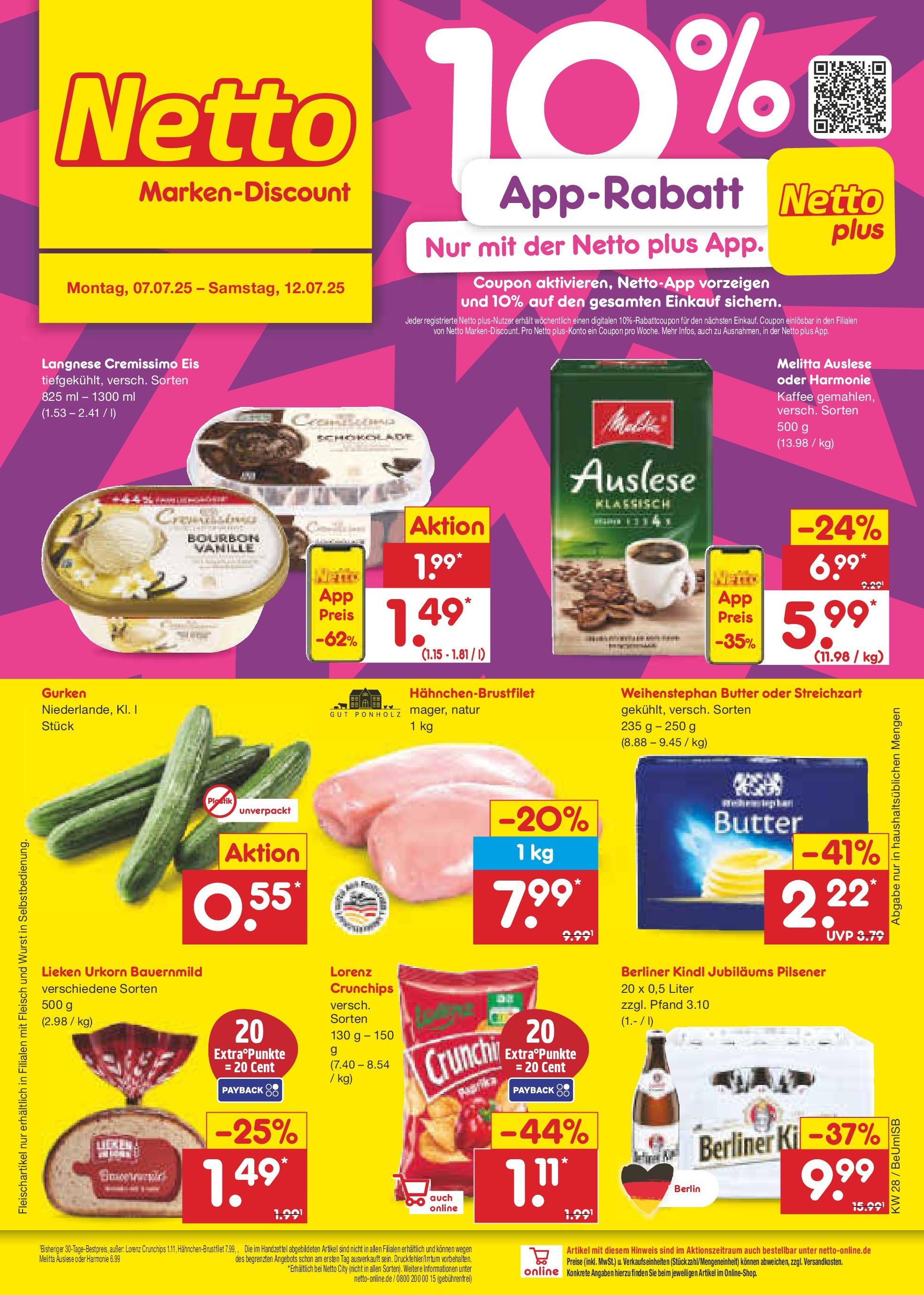 Netto Marken-Discount prospekt Kremmen (ab 07.07.2025) » Angebote | Seite: 1 | Produkte: Langnese cremissimo, Bourbon, Fleisch, Gurken Netto Marken-Discount prospekt Kremmen (ab 07.07.2025) » Angebote | Seite: 1 | Produkte: Langnese cremissimo, Bourbon, Fleisch, Gurken