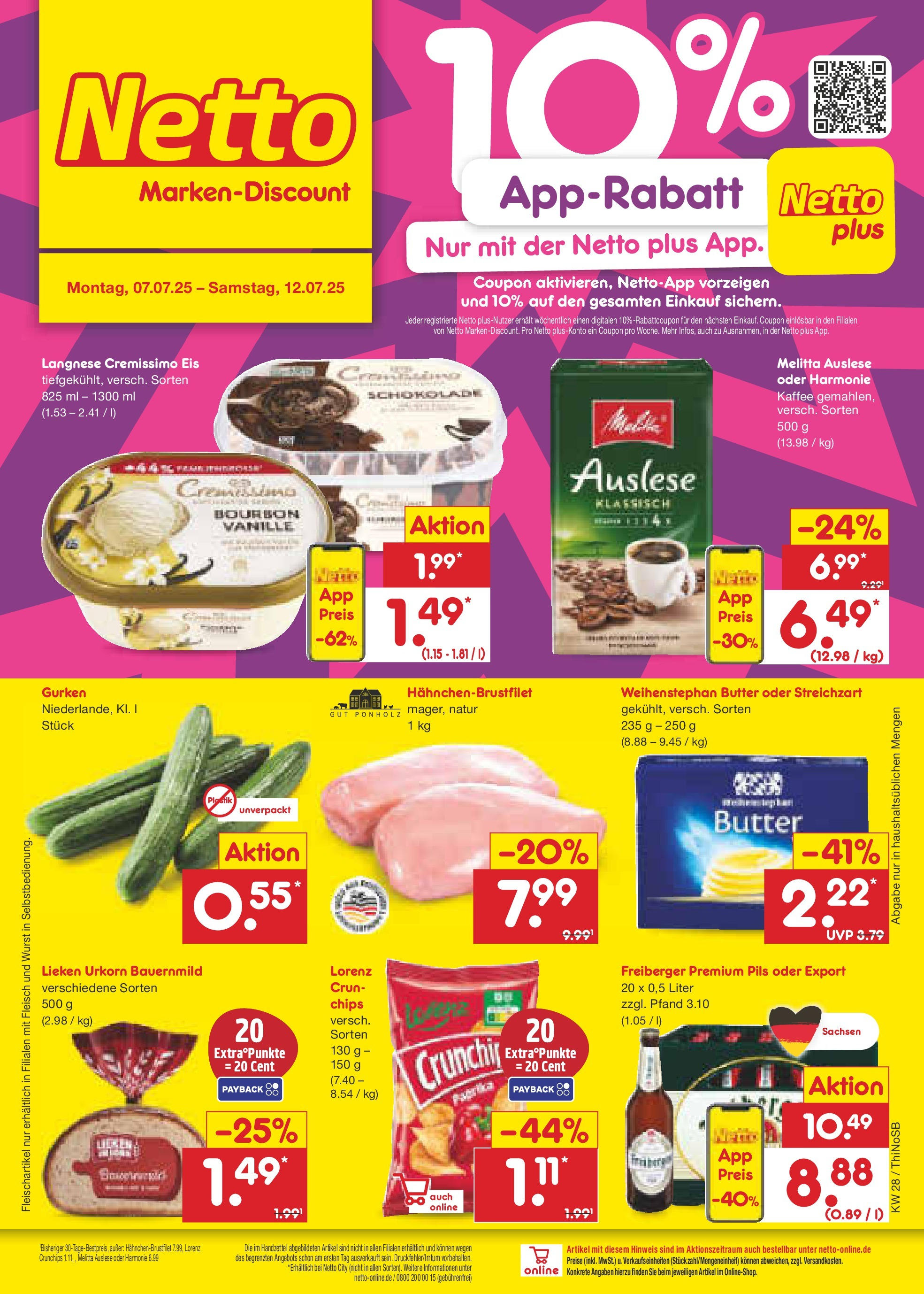 Netto Marken-Discount prospekt Spremberg (ab 07.07.2025) » Angebote | Seite: 1 | Produkte: Langnese cremissimo, Butter, Weihenstephan butter, Chips Netto Marken-Discount prospekt Spremberg (ab 07.07.2025) » Angebote | Seite: 1 | Produkte: Langnese cremissimo, Butter, Weihenstephan butter, Chips