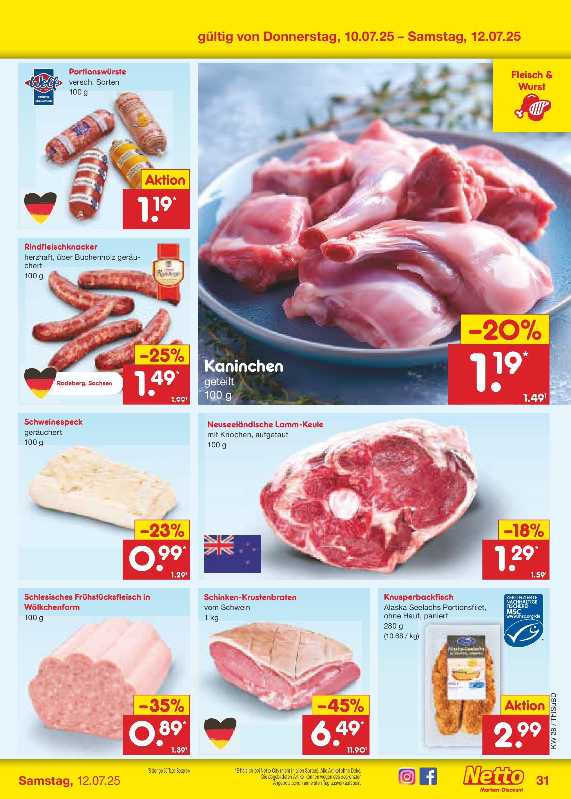 Netto Marken-Discount prospekt Thiendorf (ab 07.07.2025) » Angebote | Seite: 47 | Produkte: Lammkeule, Kaninchen, Wurst, Fleisch Netto Marken-Discount prospekt Thiendorf (ab 07.07.2025) » Angebote | Seite: 47 | Produkte: Lammkeule, Kaninchen, Wurst, Fleisch