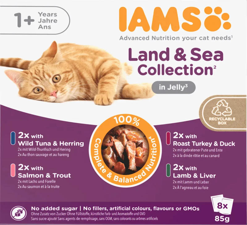 IAMS Nassfutter Katze Land & Sea Collection in Gelee, Multipack (8x85 g)