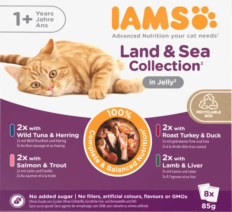 IAMS Nassfutter Katze Land & Sea Collection in Gelee, Multipack (8x85 g)