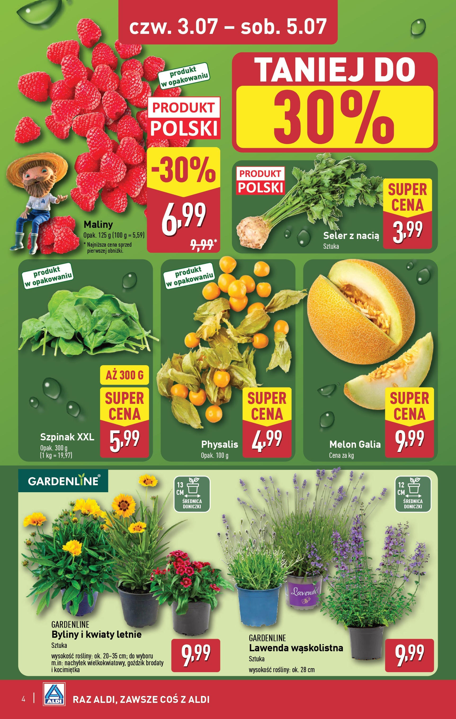 Aldi Gazetka - Okazje na weekend od 03.07.2025 - Ulotka PDF, promocje | Strona: 4 | Produkty: Melon, Maliny, Szpinak, Doniczki