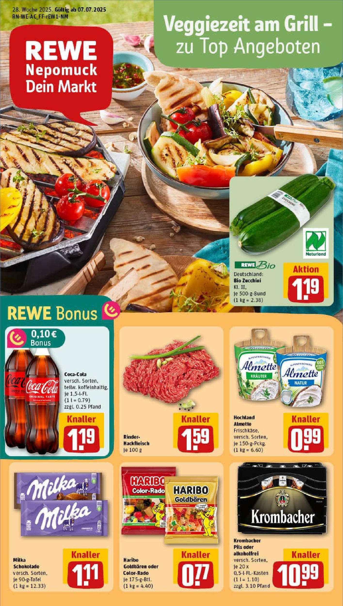 REWE Prospekt ab 06.07.2025 zum Blättern » Angebote | Seite: 1 | Produkte: Grill, Schokolade, Milka, Zucchini