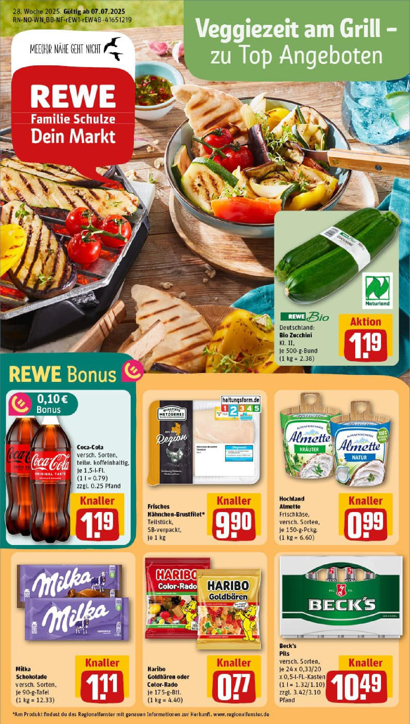 REWE Prospekt ab 06.07.2025 zum Blättern » Angebote | Seite: 1 | Produkte: Grill, Pils, Milka, Zucchini