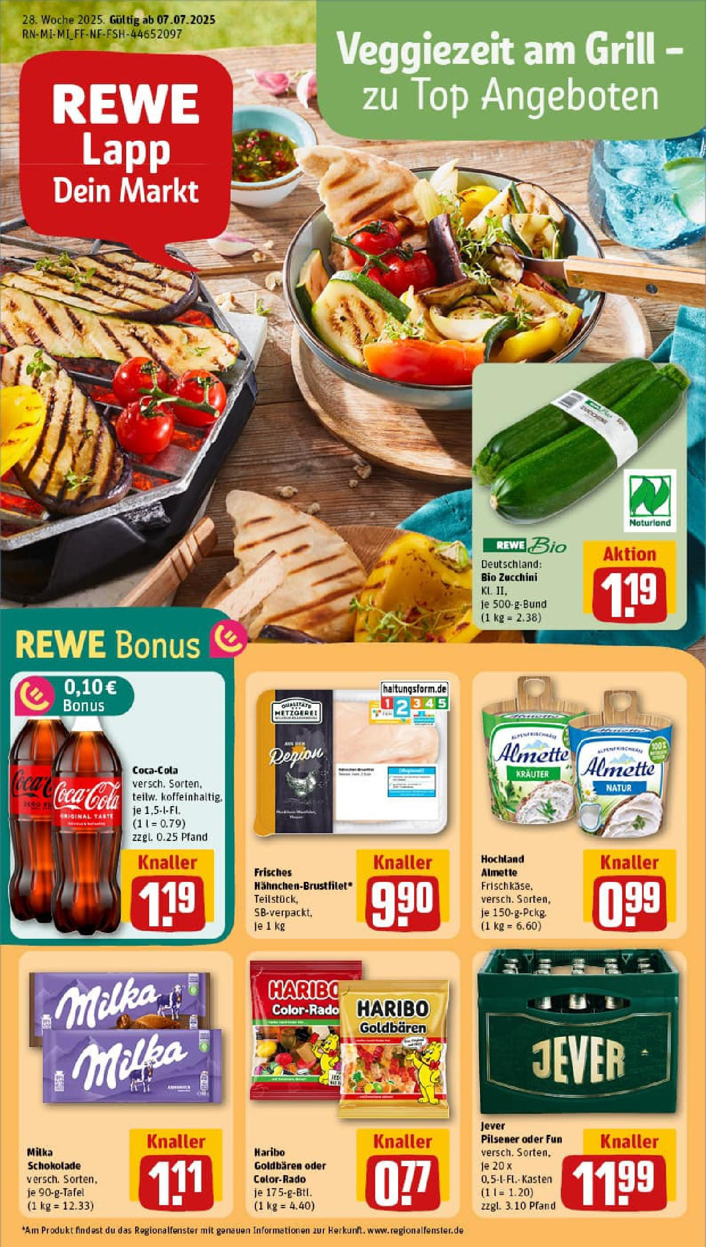 REWE Prospekt ab 06.07.2025 zum Blättern » Angebote | Seite: 1 | Produkte: Grill, Coca cola, Milka schokolade, Zucchini