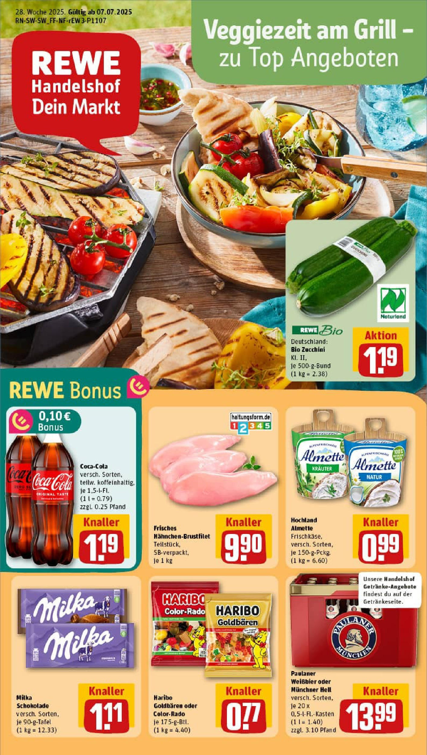 REWE Prospekt ab 06.07.2025 zum Blättern » Angebote | Seite: 1 | Produkte: Almette, Cola, Schokolade, Zucchini