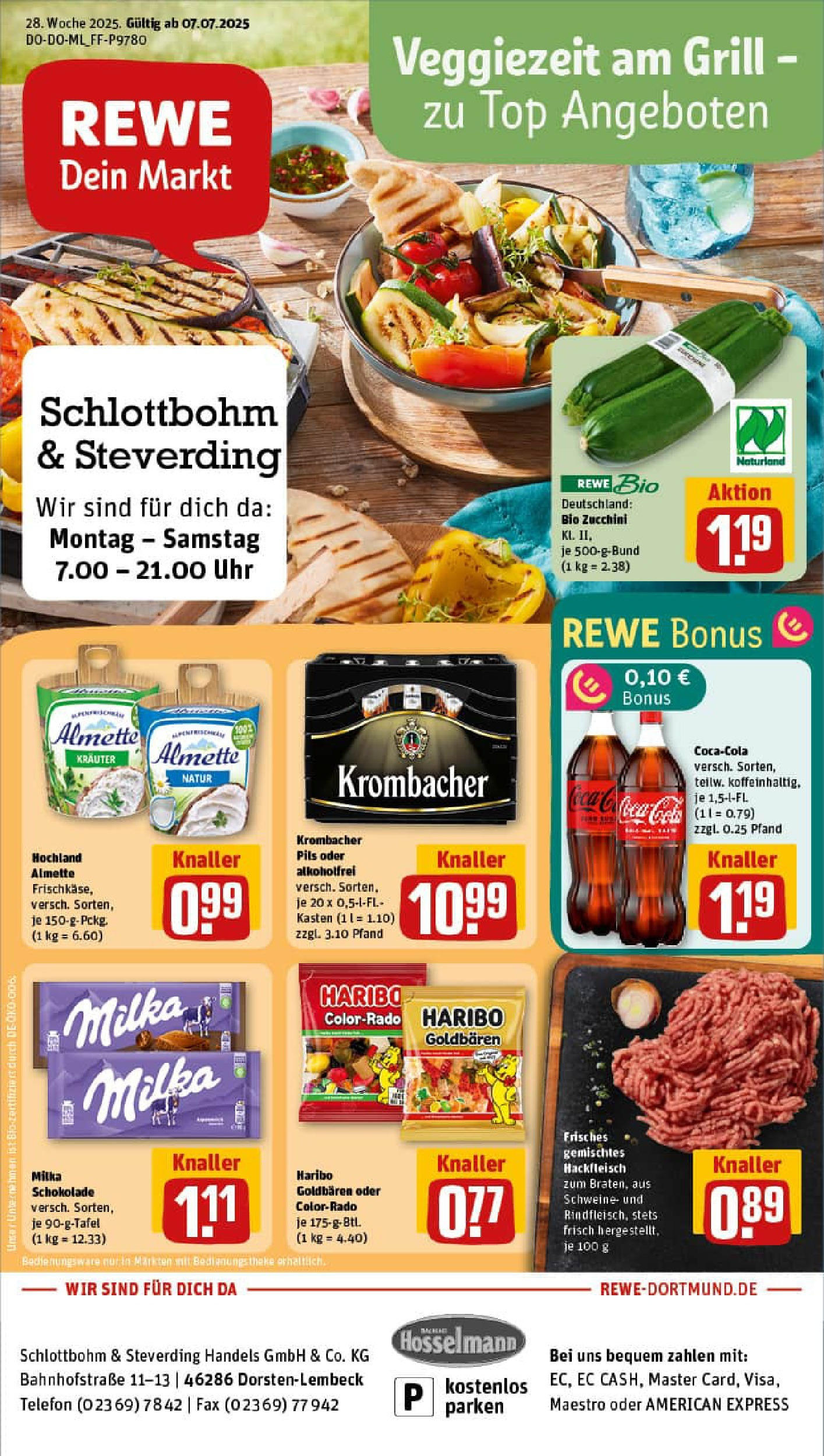 REWE Prospekt ab 06.07.2025 zum Blättern » Angebote | Seite: 1 | Produkte: Theke, Schokolade, Zucchini, Hackfleisch
