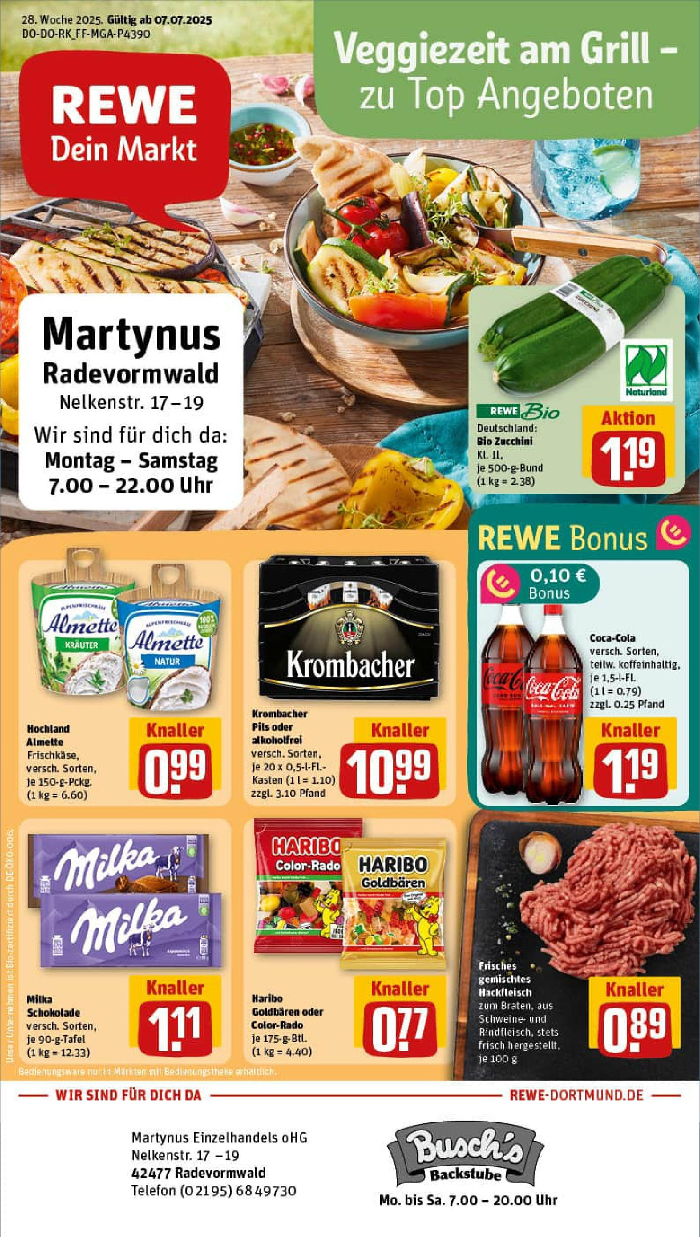 REWE Prospekt ab 06.07.2025 zum Blättern » Angebote | Seite: 1 | Produkte: Theke, Pils, Krombacher, Zucchini