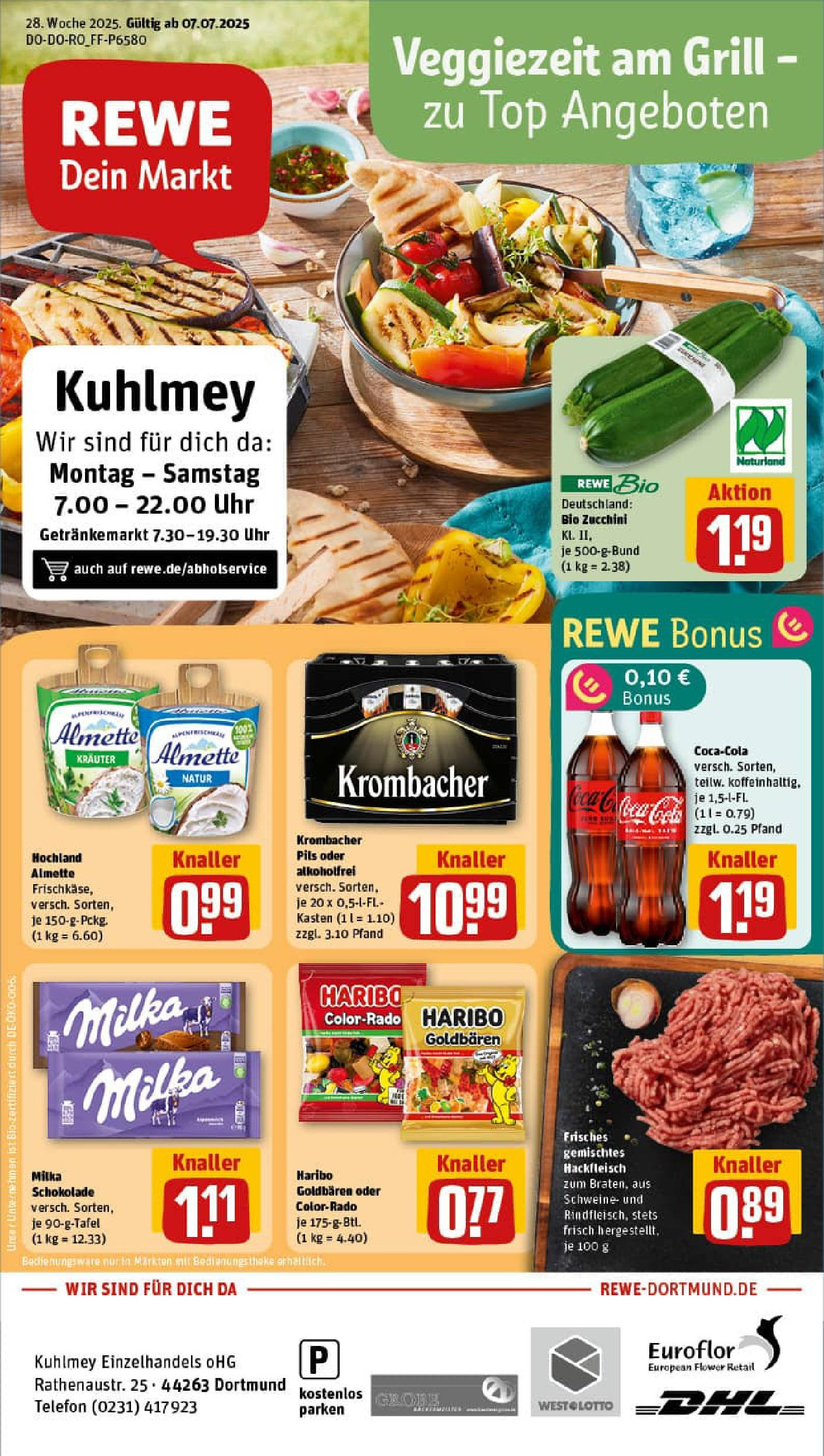 REWE Prospekt ab 06.07.2025 zum Blättern » Angebote | Seite: 1 | Produkte: Haribo, Zucchini, Telefon, Uhr