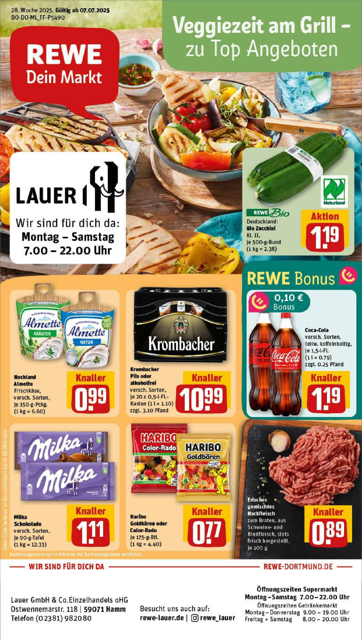 REWE Prospekt ab 06.07.2025 zum Blättern » Angebote | Seite: 1 | Produkte: Almette, Pils, Krombacher, Telefon