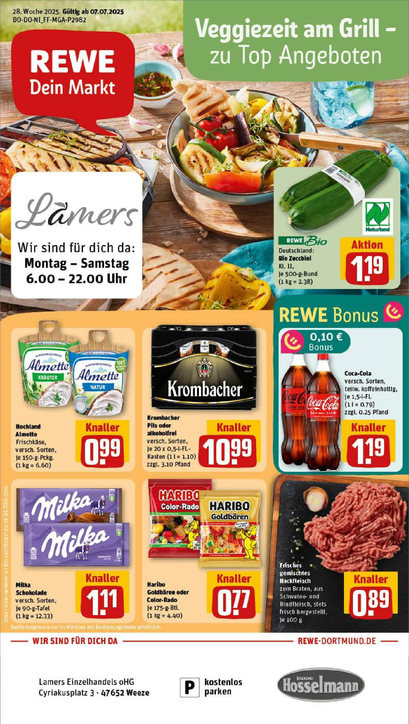 REWE Prospekt ab 06.07.2025 zum Blättern » Angebote | Seite: 1 | Produkte: Haribo, Cola, Krombacher, Uhr