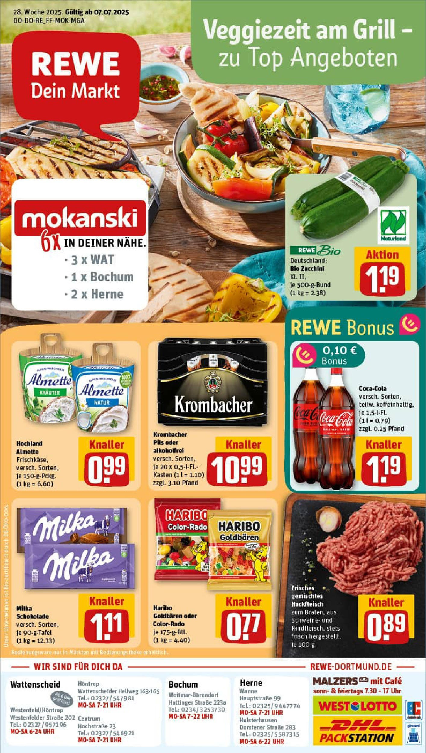 REWE Prospekt ab 06.07.2025 zum Blättern » Angebote | Seite: 1 | Produkte: Top, Cola, Zucchini, Hackfleisch