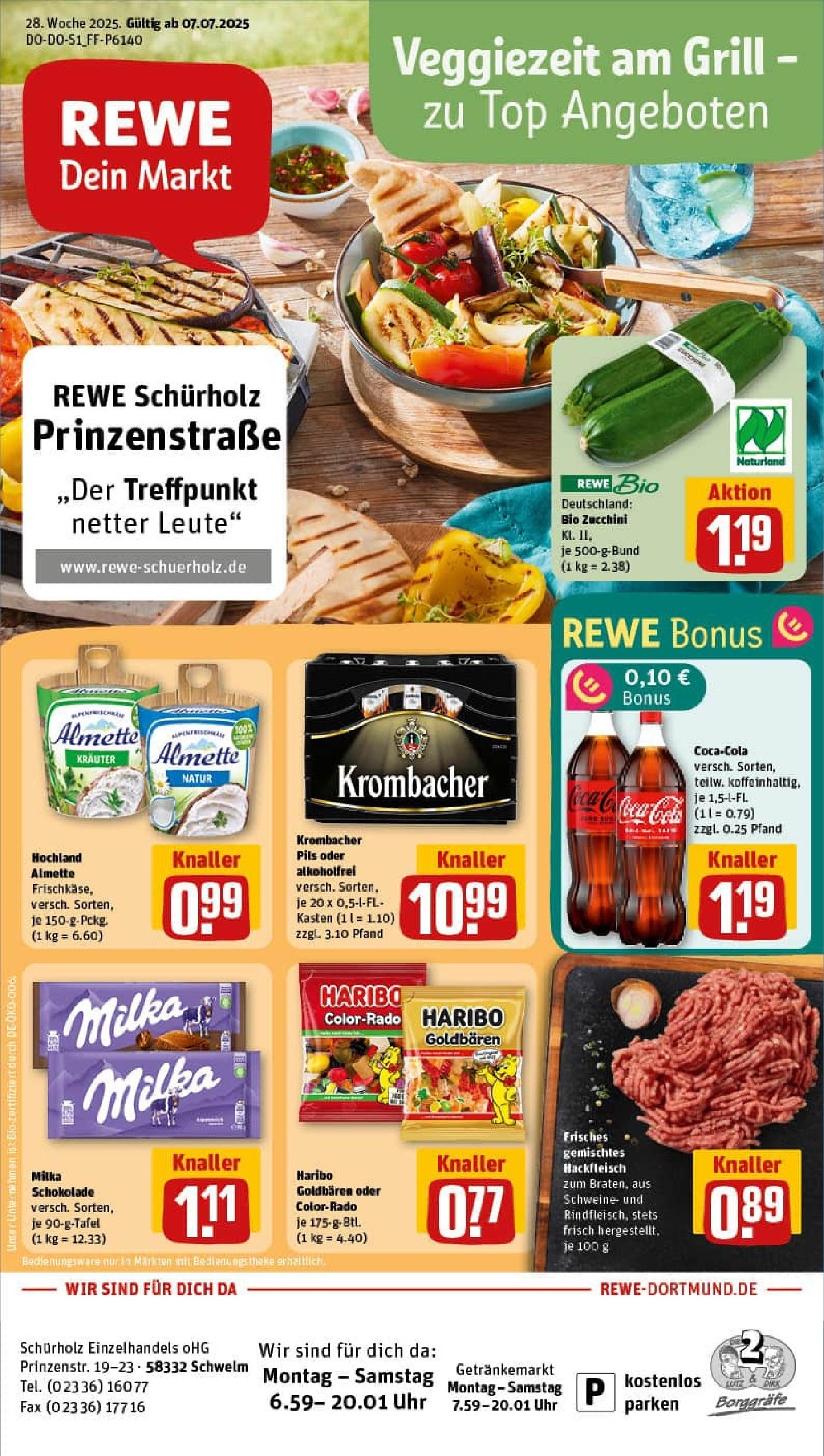 REWE Prospekt ab 06.07.2025 zum Blättern » Angebote | Seite: 1 | Produkte: Almette, Pils, Zucchini, Hackfleisch