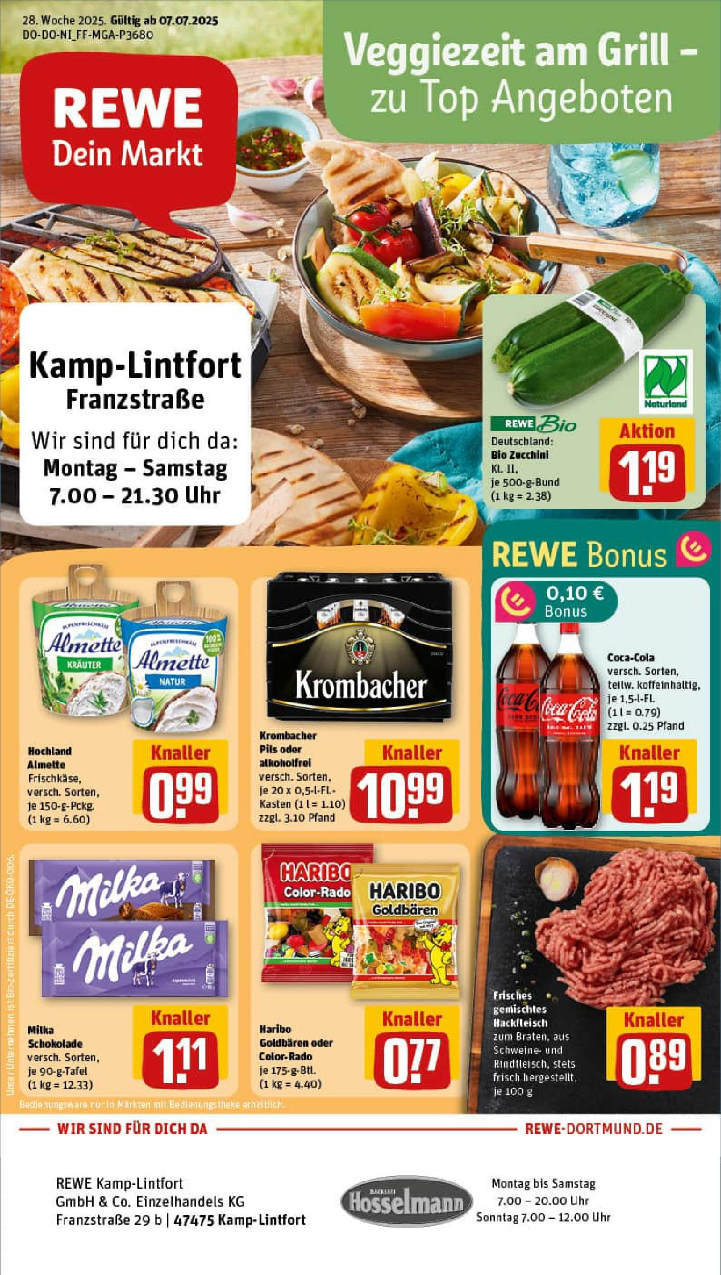 REWE Prospekt ab 06.07.2025 zum Blättern » Angebote | Seite: 1 | Produkte: Theke, Pils, Krombacher, Uhr