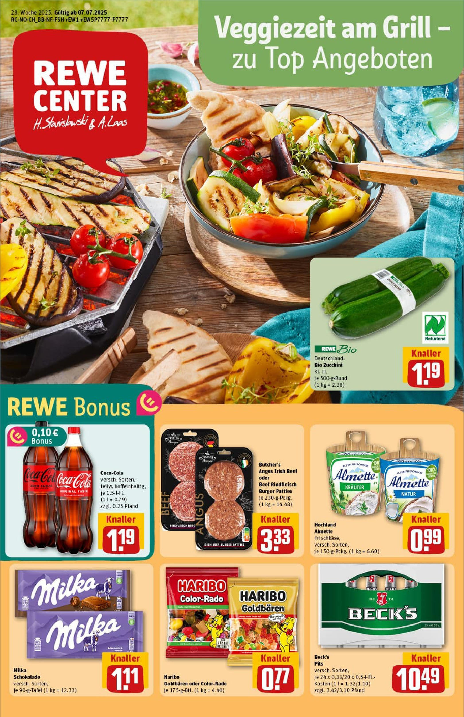 REWE Prospekt ab 06.07.2025 zum Blättern » Angebote | Seite: 1 | Produkte: Grill, Almette, Pils, Zucchini