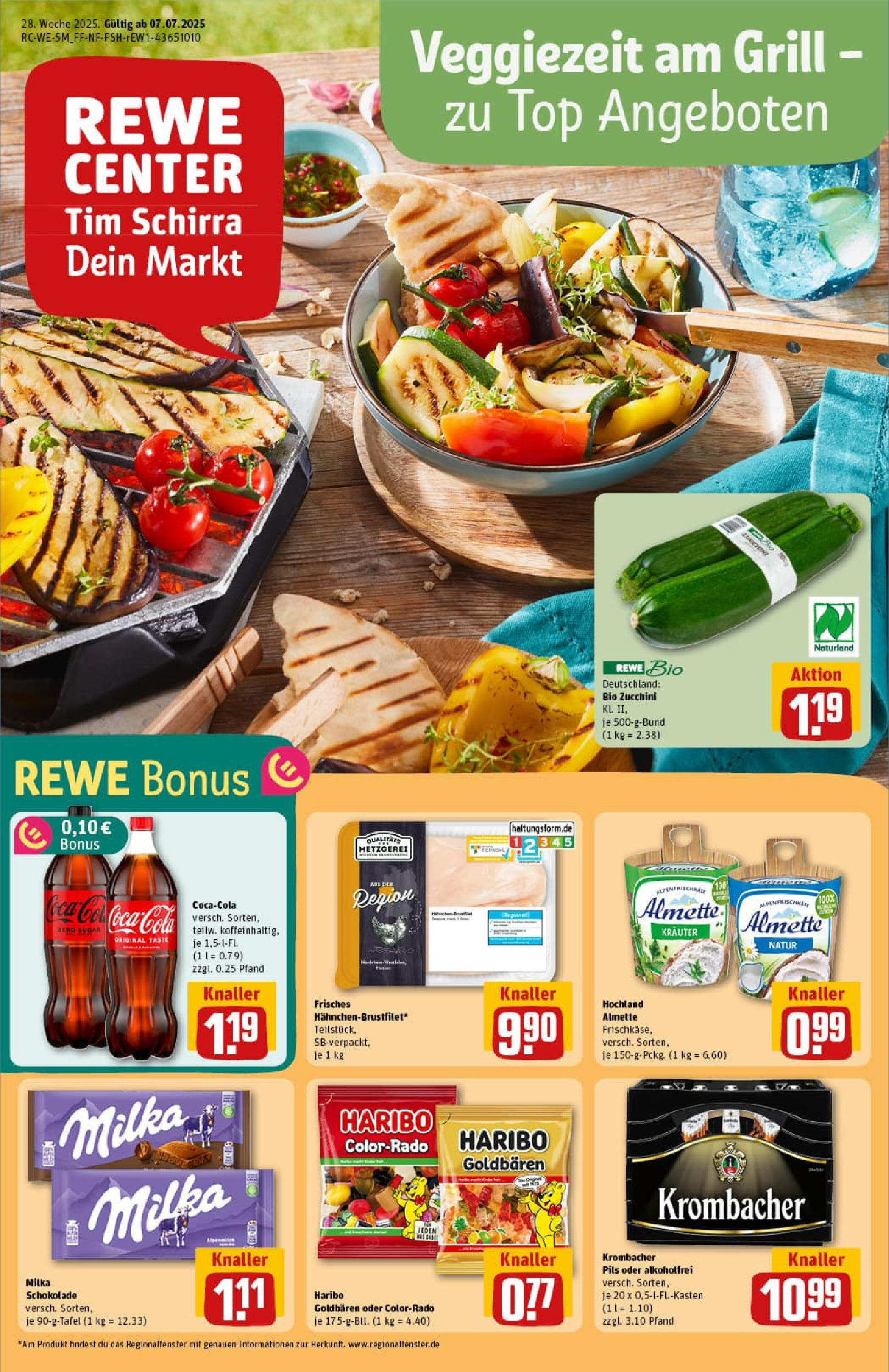 REWE Prospekt ab 06.07.2025 zum Blättern » Angebote | Seite: 1 | Produkte: Top, Milka, Krombacher, Zucchini
