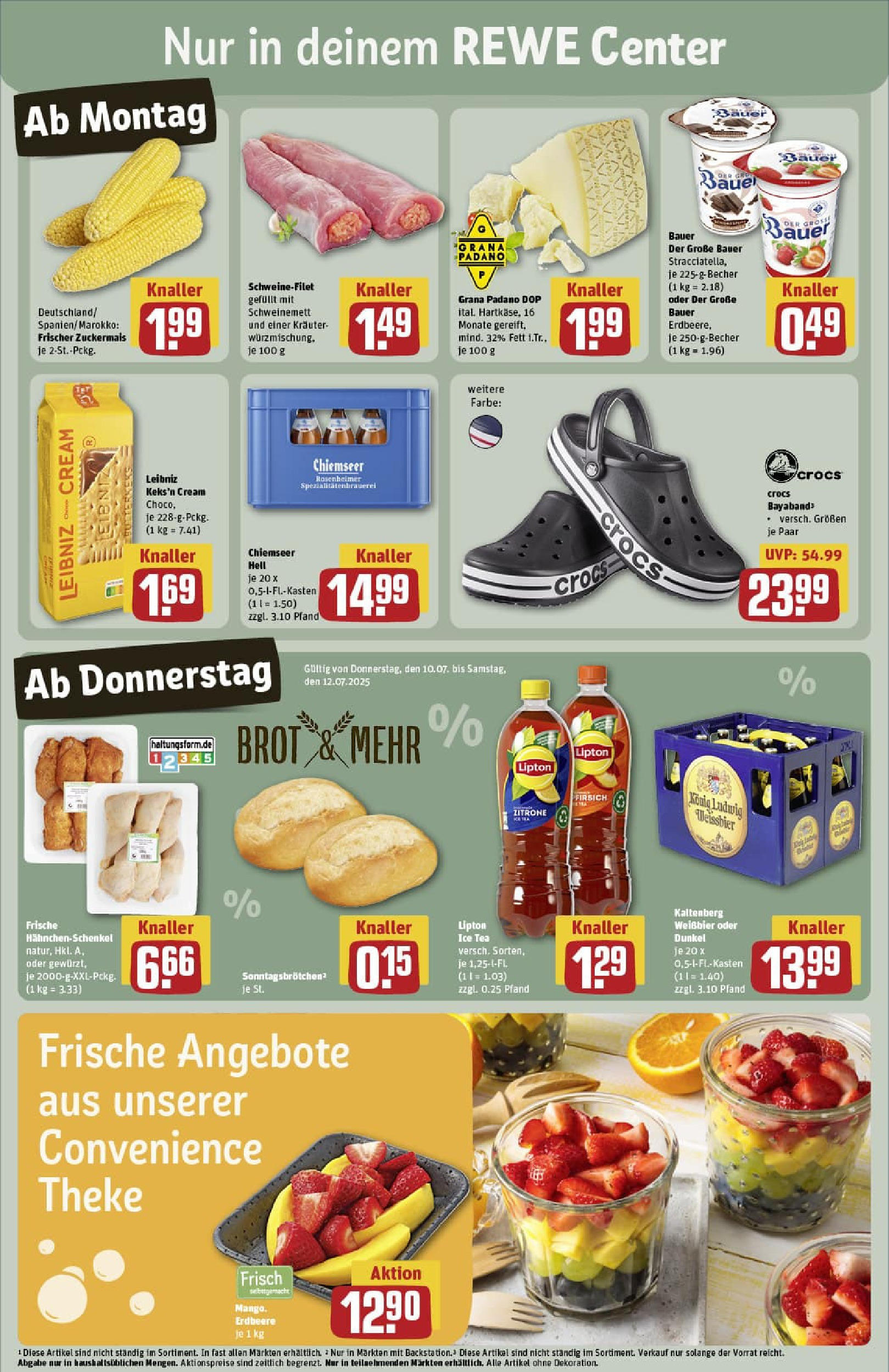 REWE Prospekt ab 06.07.2025 zum Blättern » Angebote | Seite: 3 | Produkte: Hahnchenschenkel, Theke, Weißbier, Schweinefilet