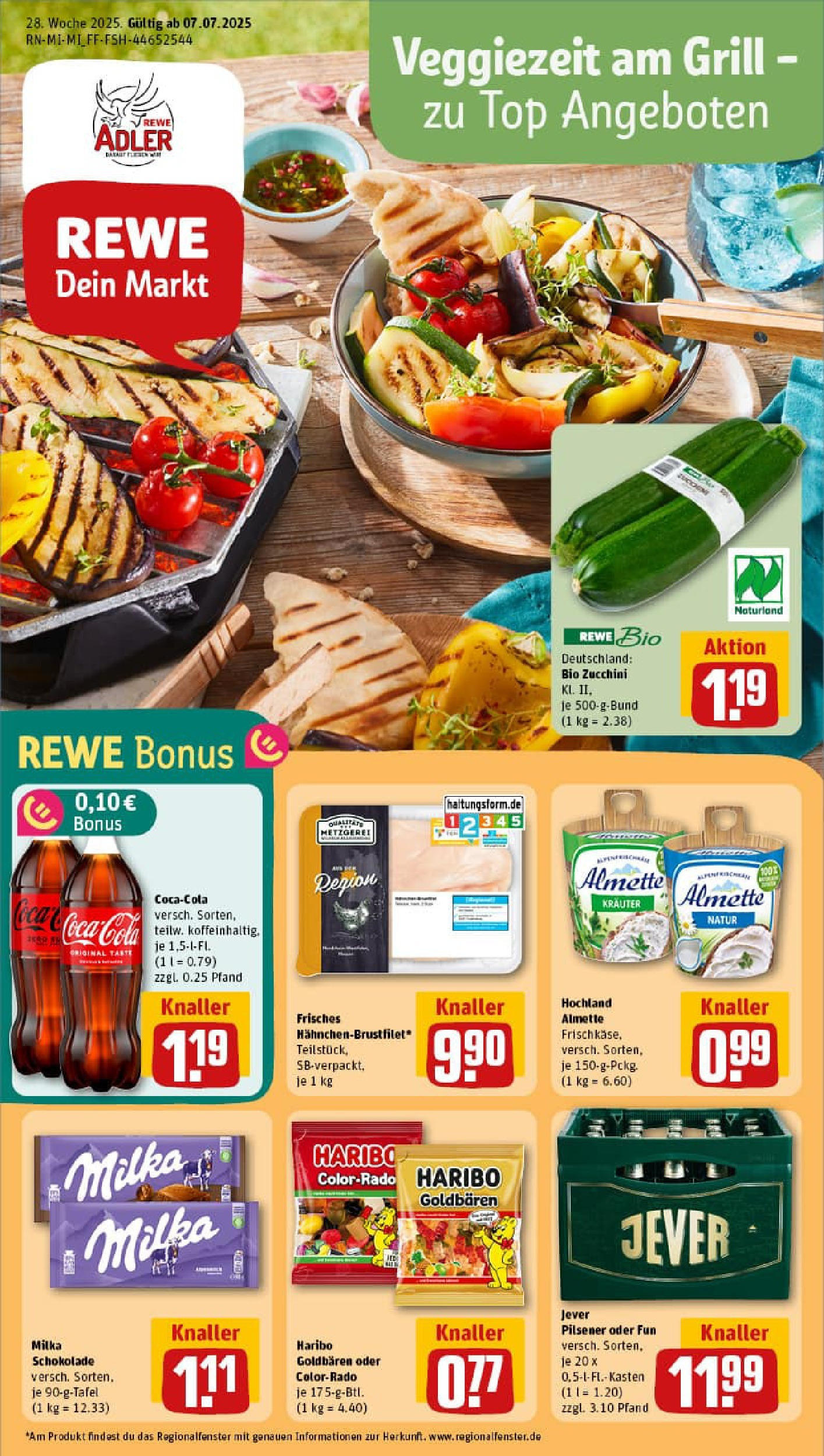 REWE Prospekt ab 06.07.2025 zum Blättern » Angebote | Seite: 1 | Produkte: Cola, Schokolade, Milka schokolade, Zucchini