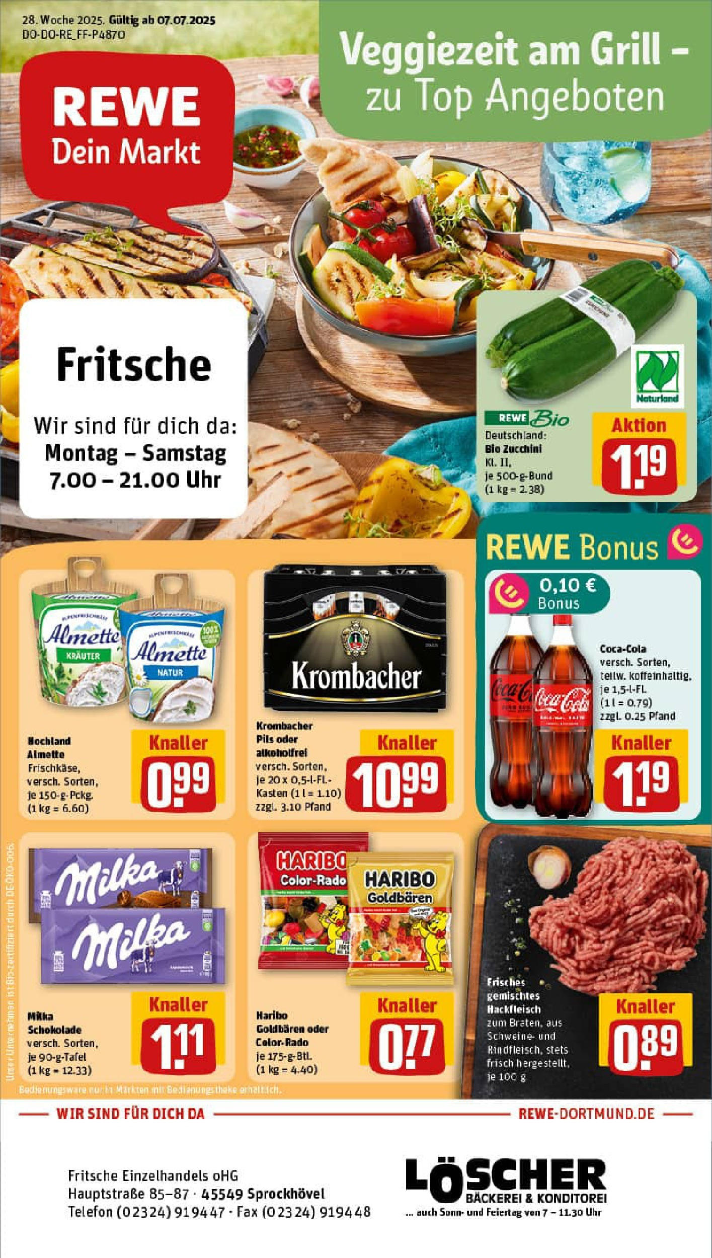 REWE Prospekt ab 06.07.2025 zum Blättern » Angebote | Seite: 1 | Produkte: Grill, Cola, Zucchini, Telefon