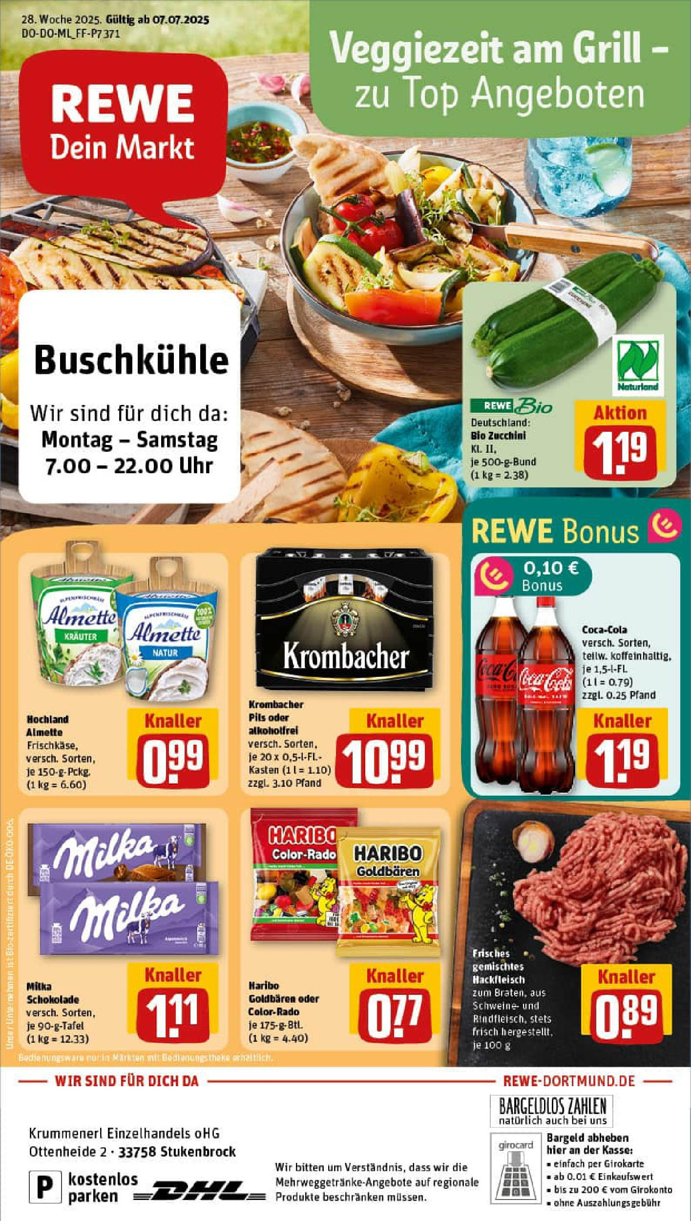 REWE Prospekt ab 06.07.2025 zum Blättern » Angebote | Seite: 1 | Produkte: Schokolade, Milka schokolade, Krombacher, Zucchini