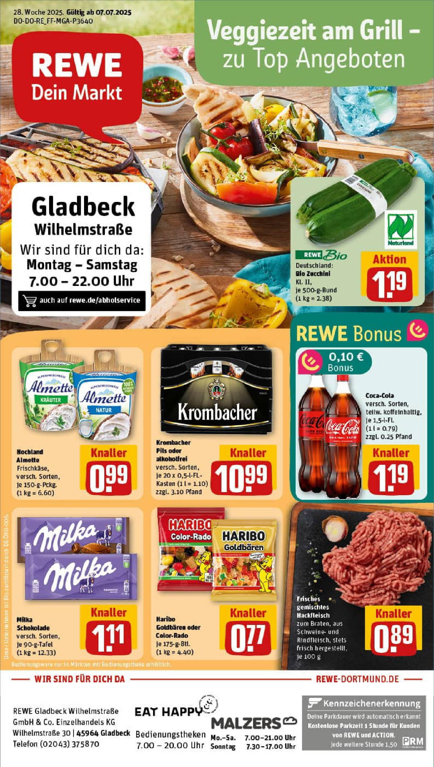 REWE Prospekt ab 06.07.2025 zum Blättern » Angebote | Seite: 1 | Produkte: Haribo, Schokolade, Zucchini, Telefon