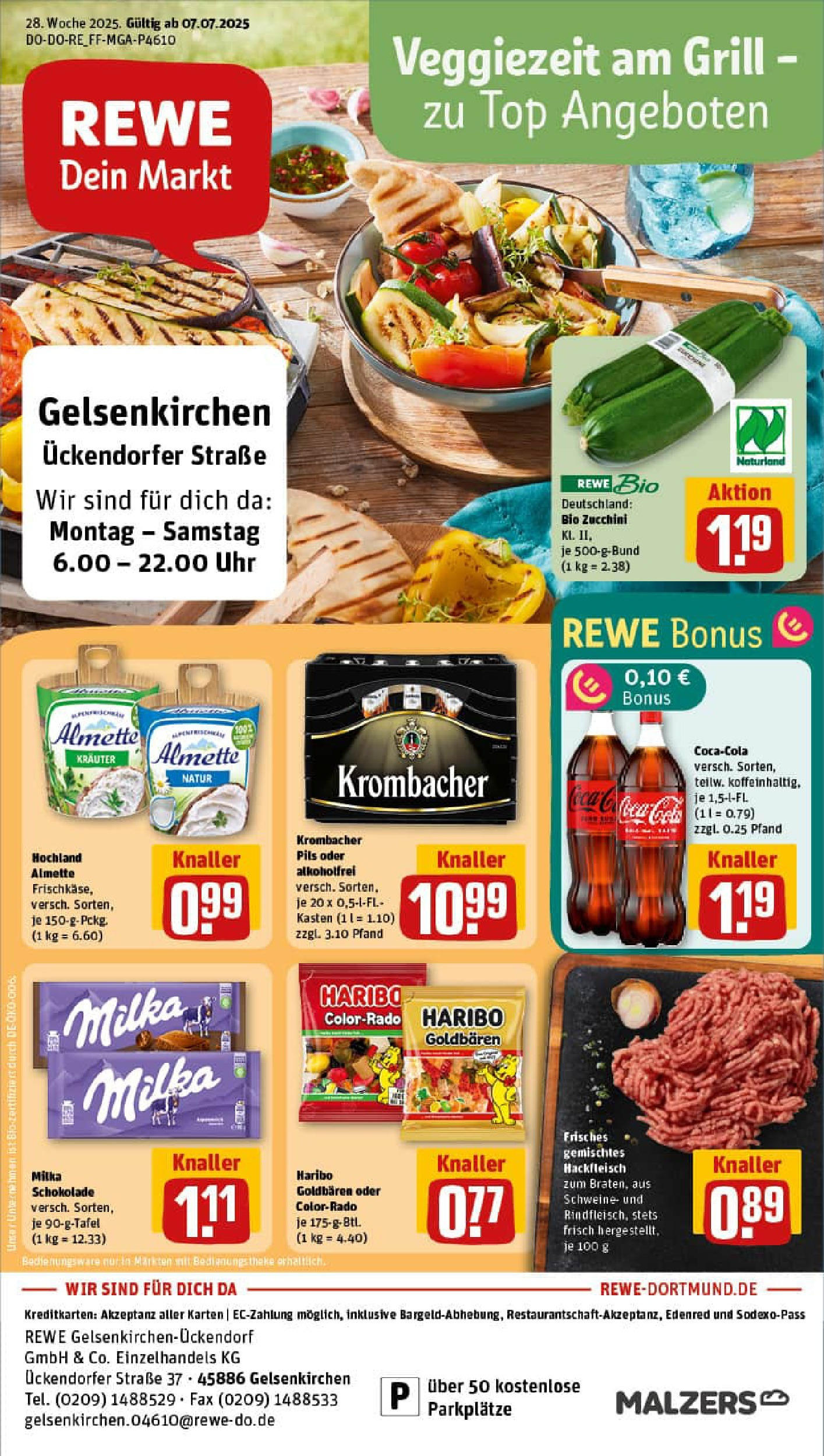 REWE Prospekt ab 06.07.2025 zum Blättern » Angebote | Seite: 1 | Produkte: Grill, Milka, Uhr, Hackfleisch