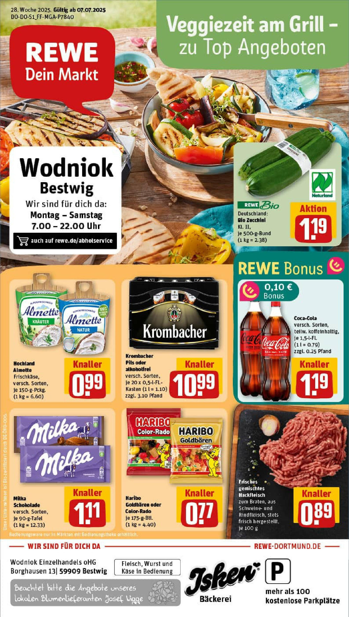 REWE Prospekt ab 06.07.2025 zum Blättern » Angebote | Seite: 1 | Produkte: Bäckerei, Haribo, Pils, Zucchini