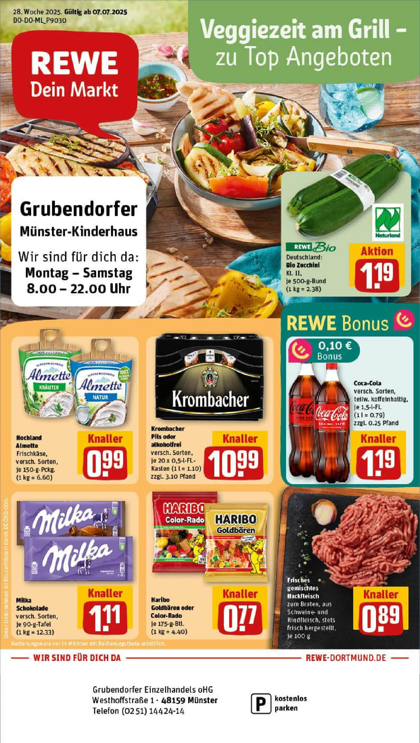REWE Prospekt ab 06.07.2025 zum Blättern » Angebote | Seite: 1 | Produkte: Schokolade, Milka, Krombacher, Zucchini