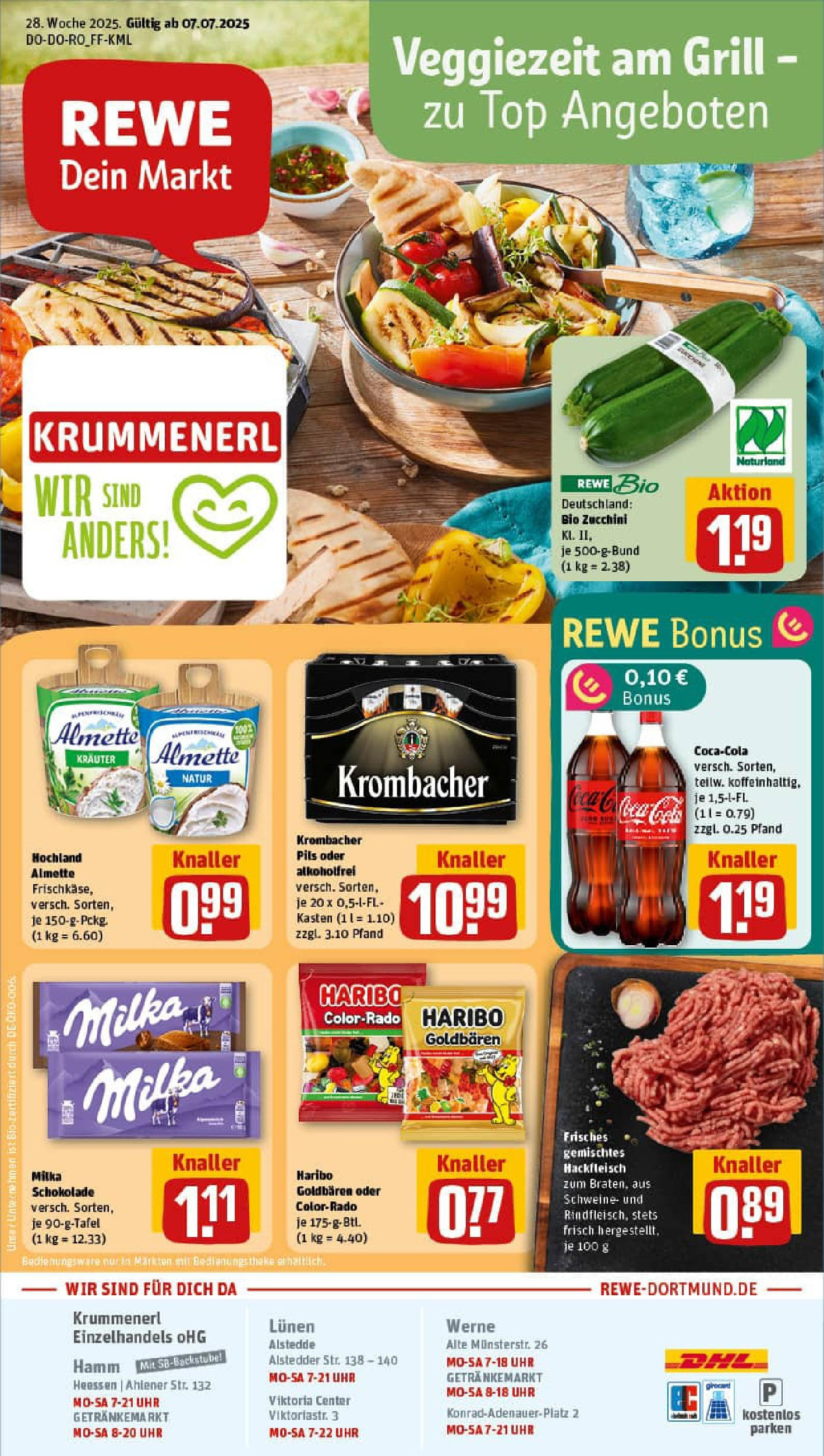 REWE Prospekt ab 06.07.2025 zum Blättern » Angebote | Seite: 1 | Produkte: Schokolade, Milka schokolade, Krombacher, Zucchini