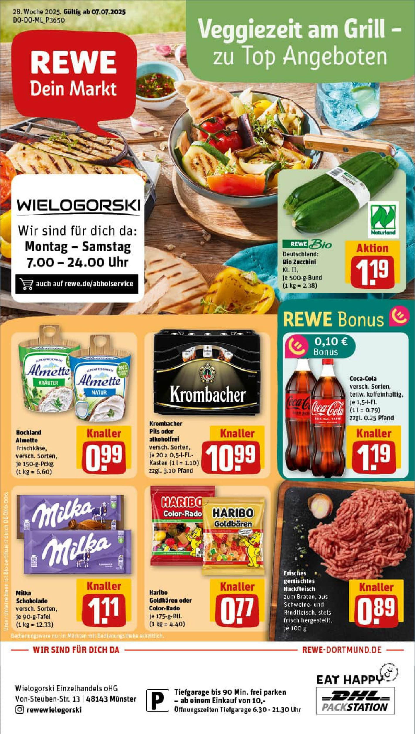 REWE Prospekt ab 06.07.2025 zum Blättern » Angebote | Seite: 1 | Produkte: Almette, Milka schokolade, Zucchini, Uhr